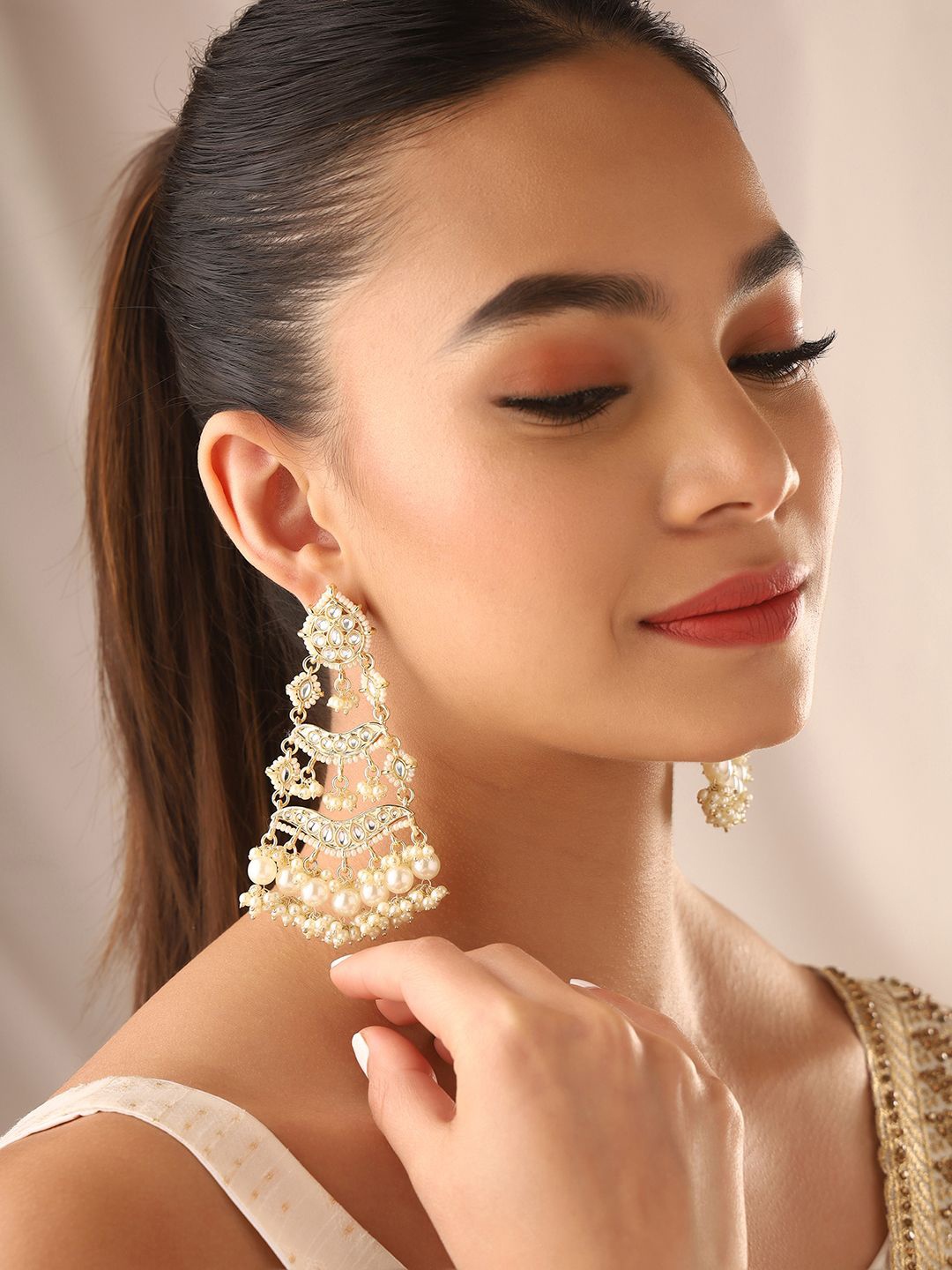 

Priyaasi Gold-Plated Kundan Stone Studded & Beaded Contemporary Chandbalis, White