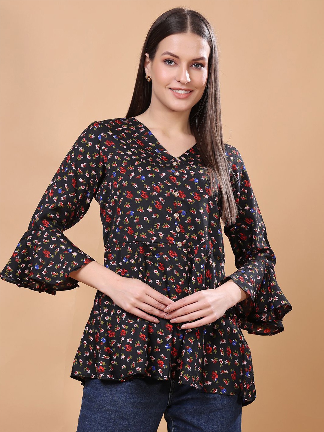 

Cation Women Floral Printed Peplum Top, Black