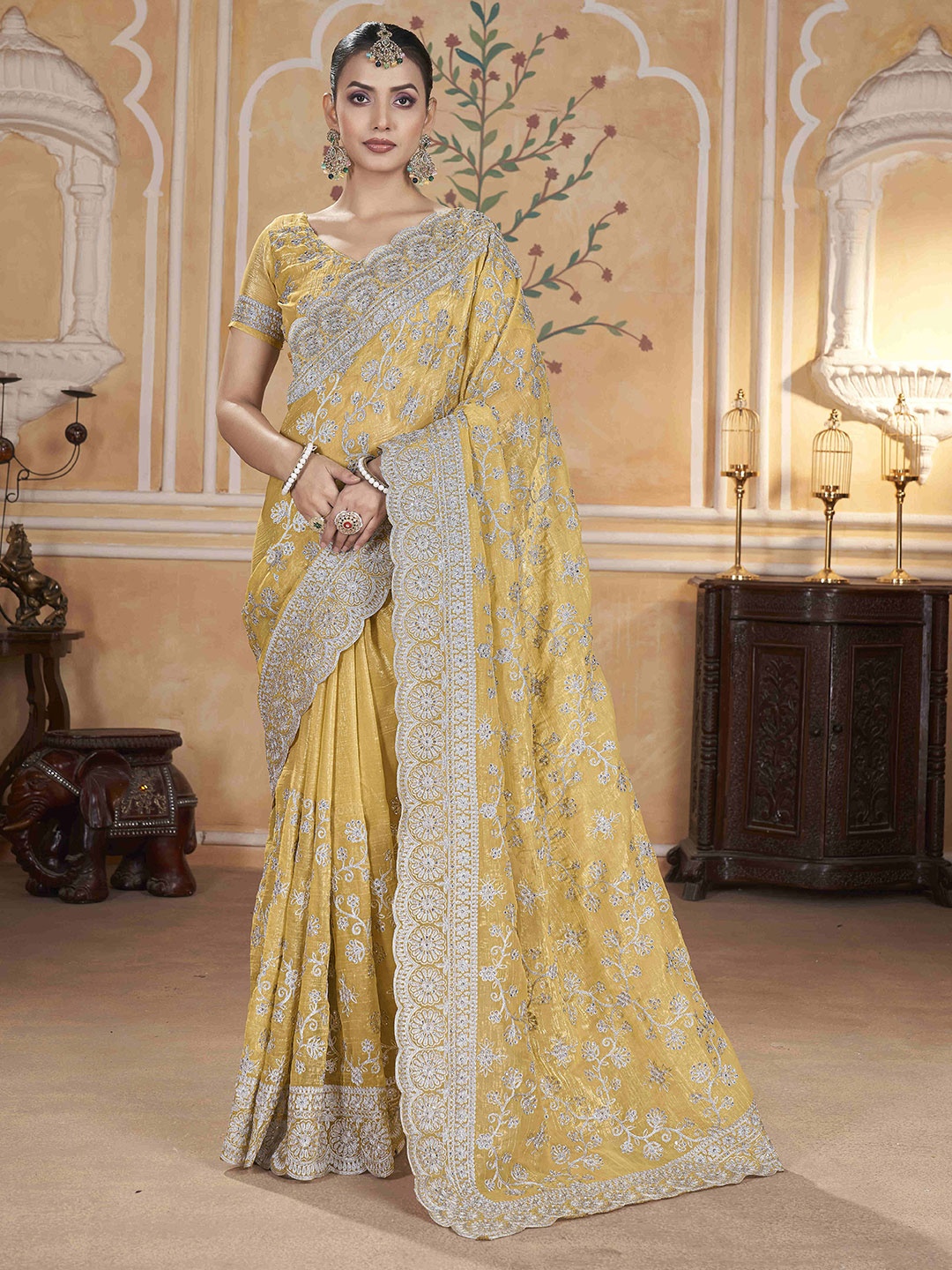 

Munir Floral Beads and Stones Silk Blend Saree, Yellow