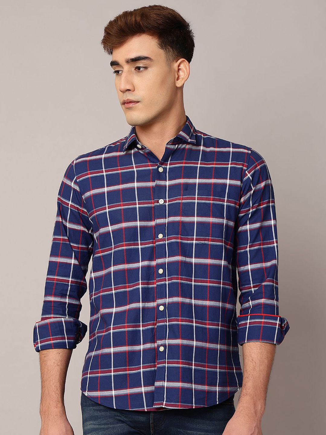 

TQS Men Shepherd Checks Opaque Checked Casual Shirt, Navy blue