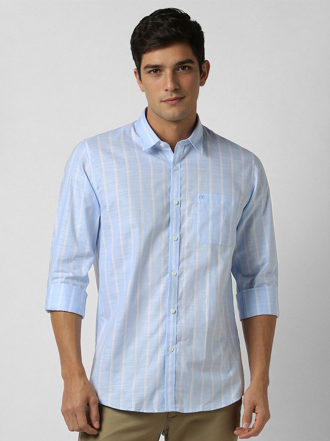 

Peter England Casuals Men Slim Fit Spread Collar Vertical Striped Cotton Shirt, Blue