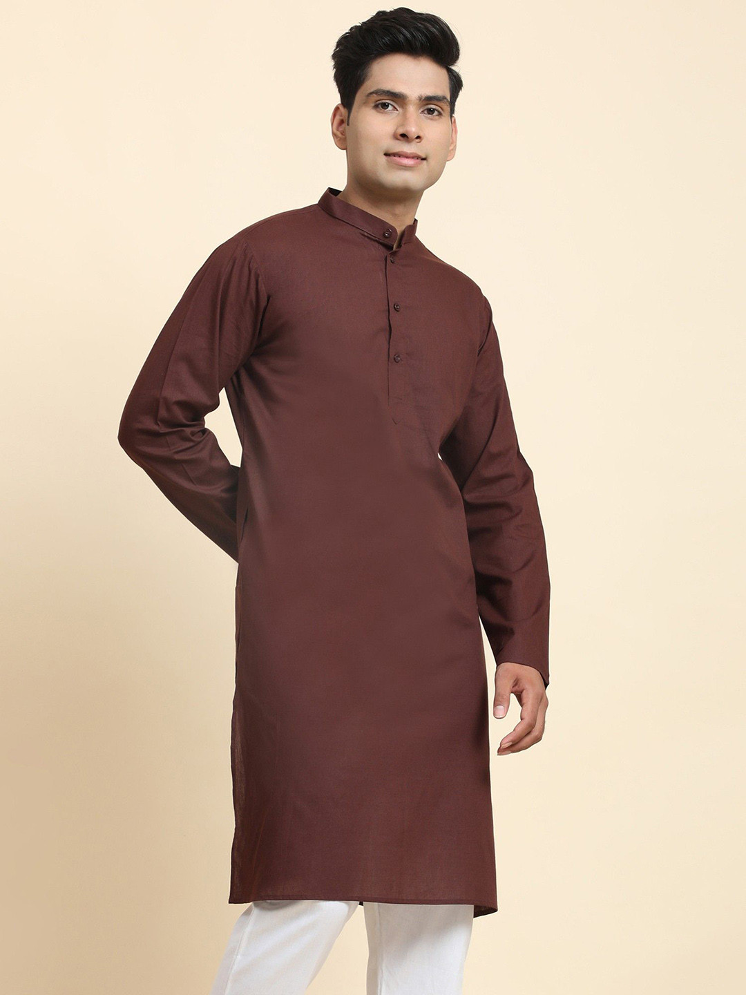 

Moda Rapido Band Collar Pure Cotton Straight Kurta, Brown