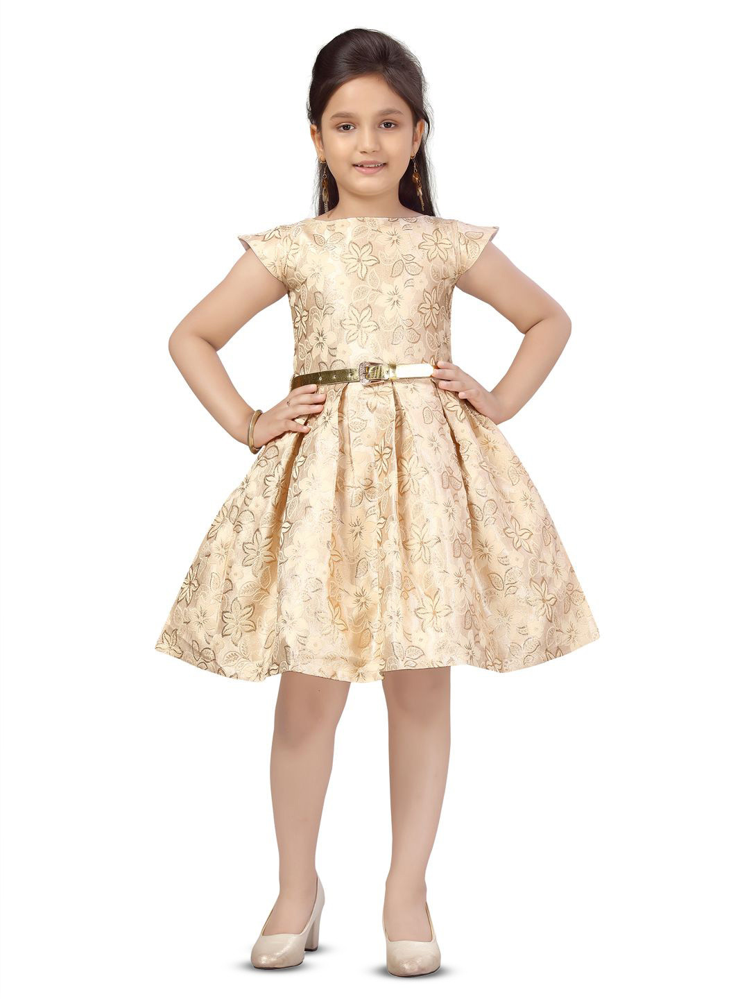

YK Girls Floral Off-Shoulder Fit & Flare Dress, Beige