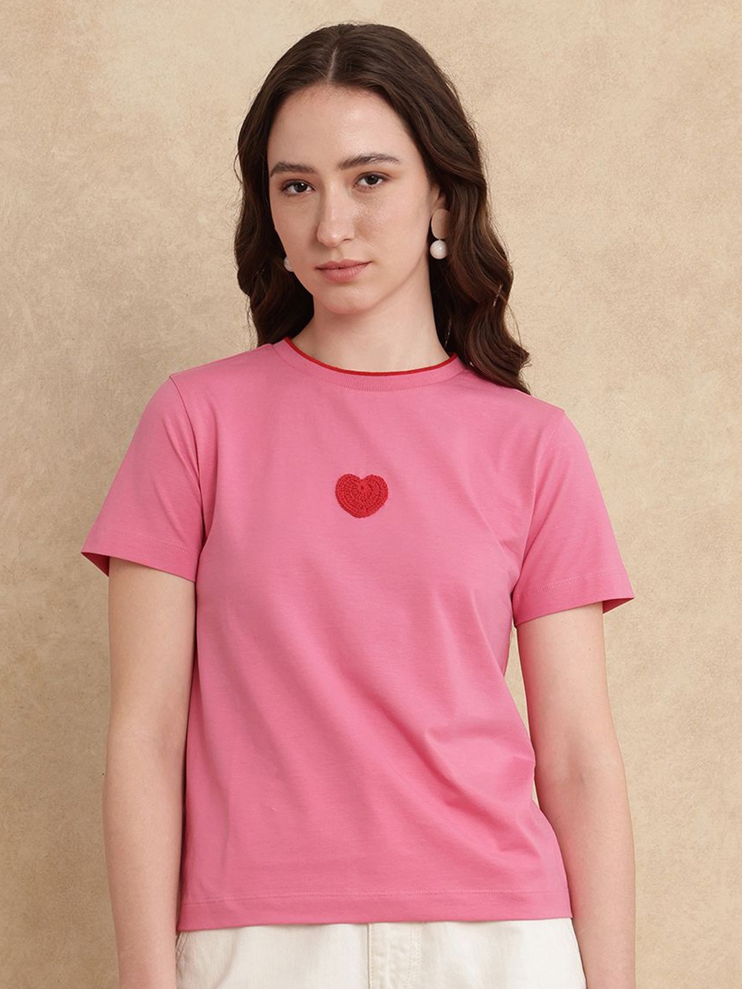

RAREISM Women Solid Round Neck Cotton T-shirt, Pink
