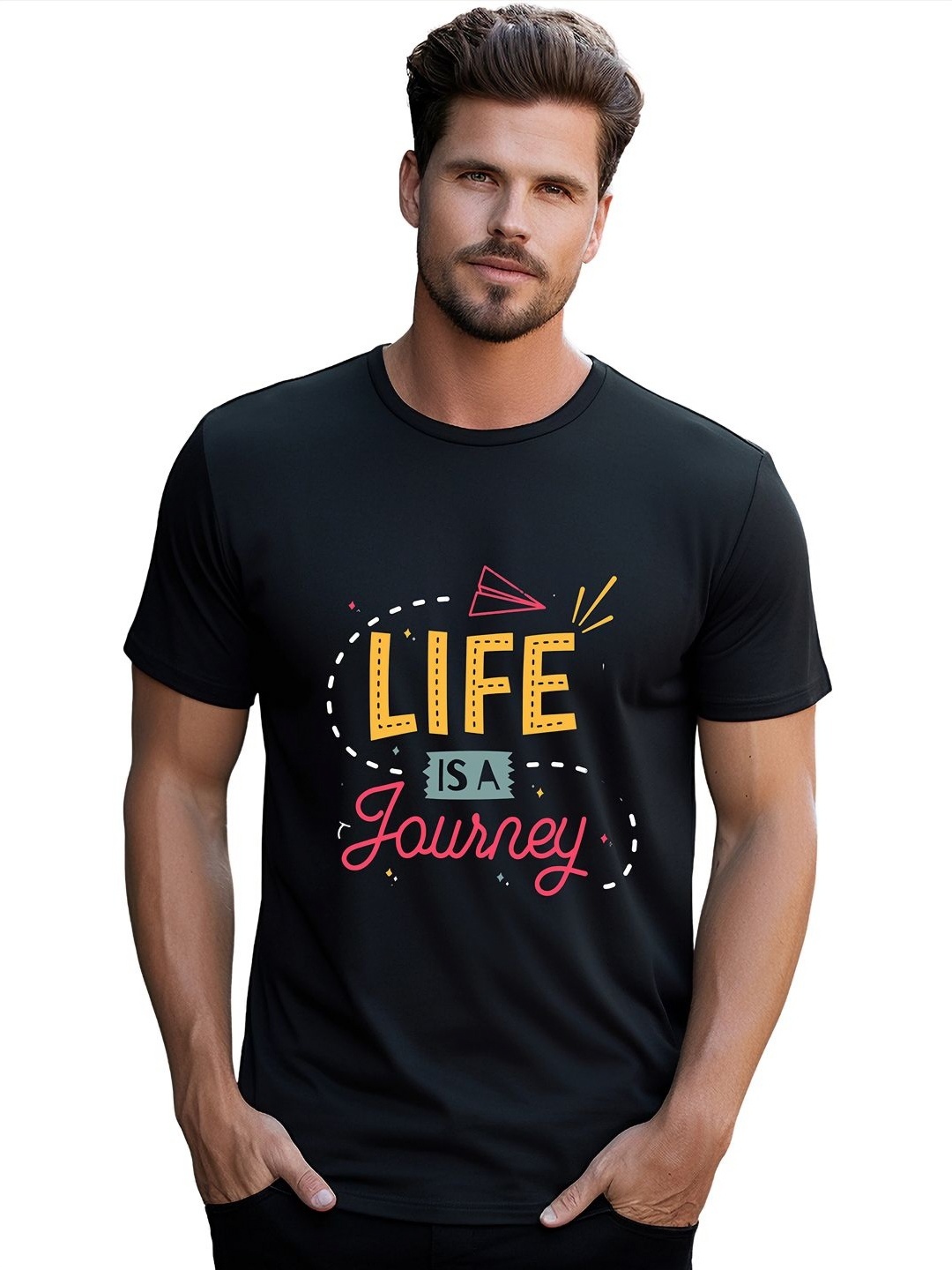 

BOWLIFESTYLE Men Typography Printed Round Neck Pure Cotton T-shirt, Black