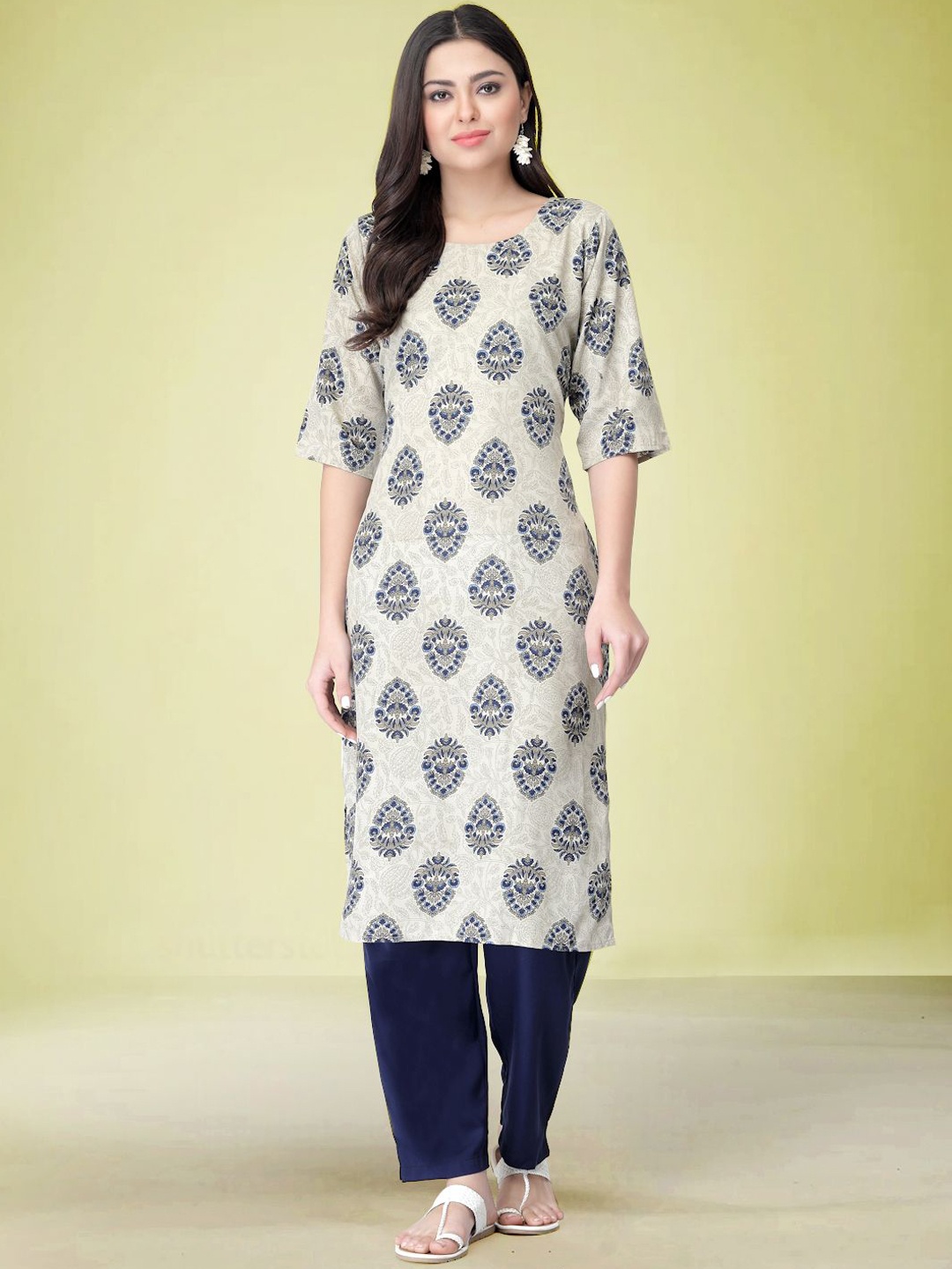 

Moda Rapido Floral Printed Round Neck Straight Kurta with Trouser, Grey