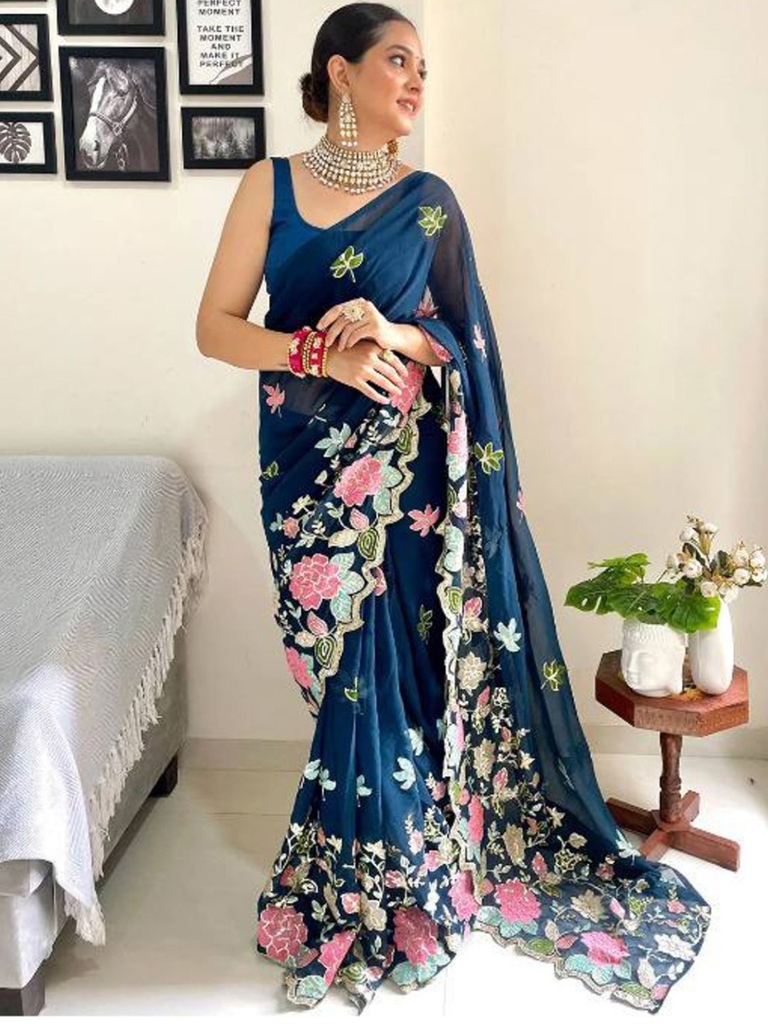 

Anouk Ethnic Motifs Sequinned Heavy Work Saree, Blue