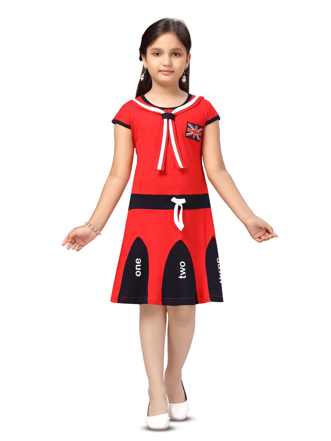 

YK Girls Typography Printed Cotton A-Line Knee Length Dress, Red