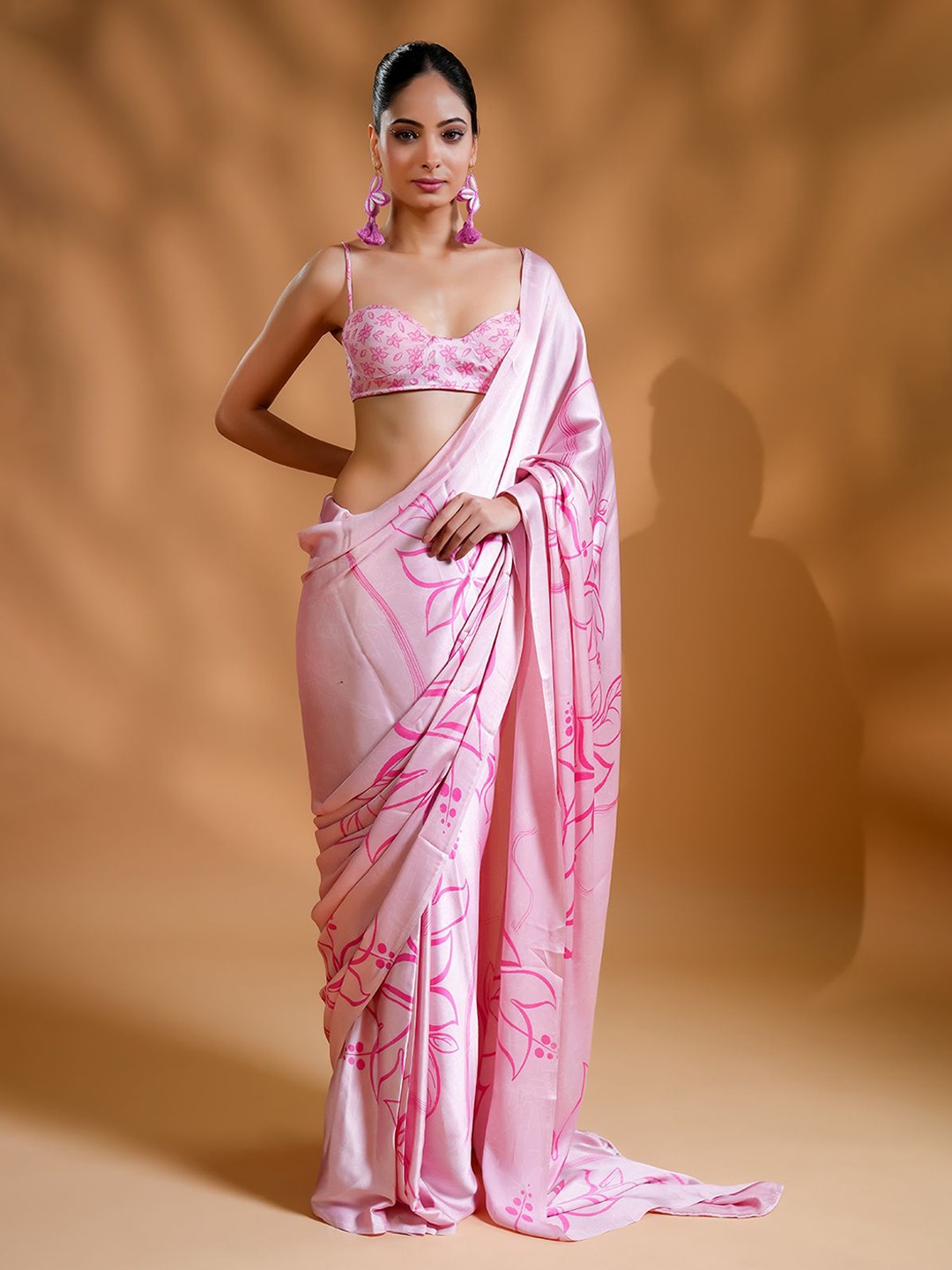 

HANDME Luxe Premium Satin Pink Ready To Wear Saree With Blouse Fabric