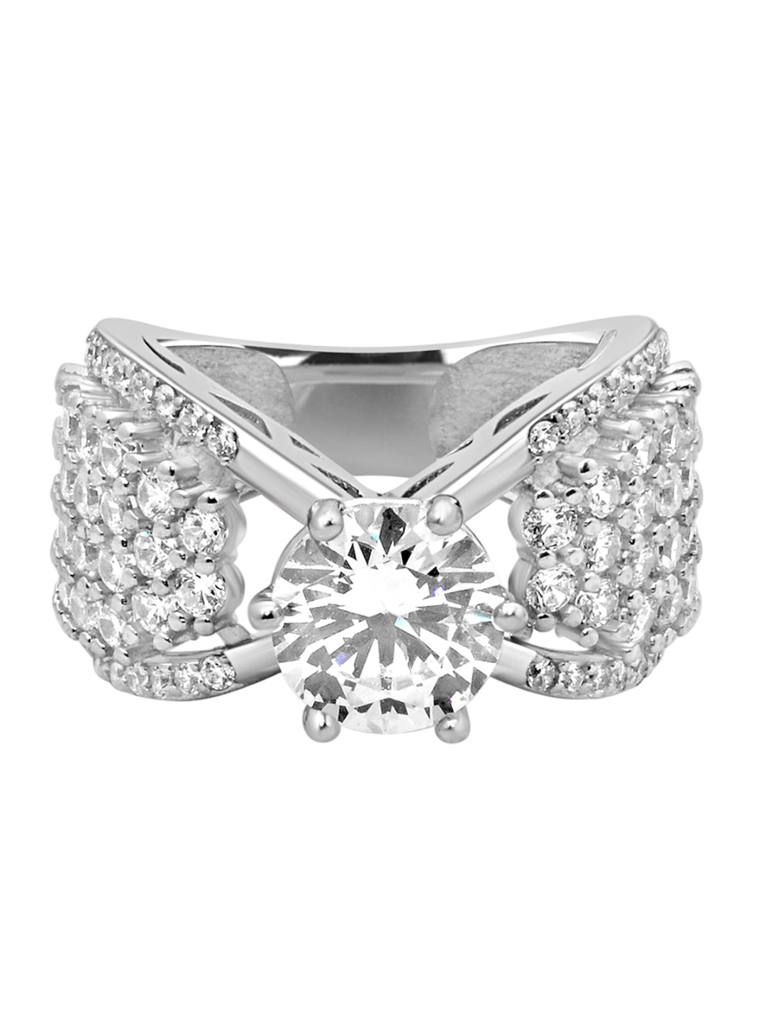 

925 SILLER 925 Sterling Silver Rhodium-Plated Cubic Zirconia-Studded Finger Ring