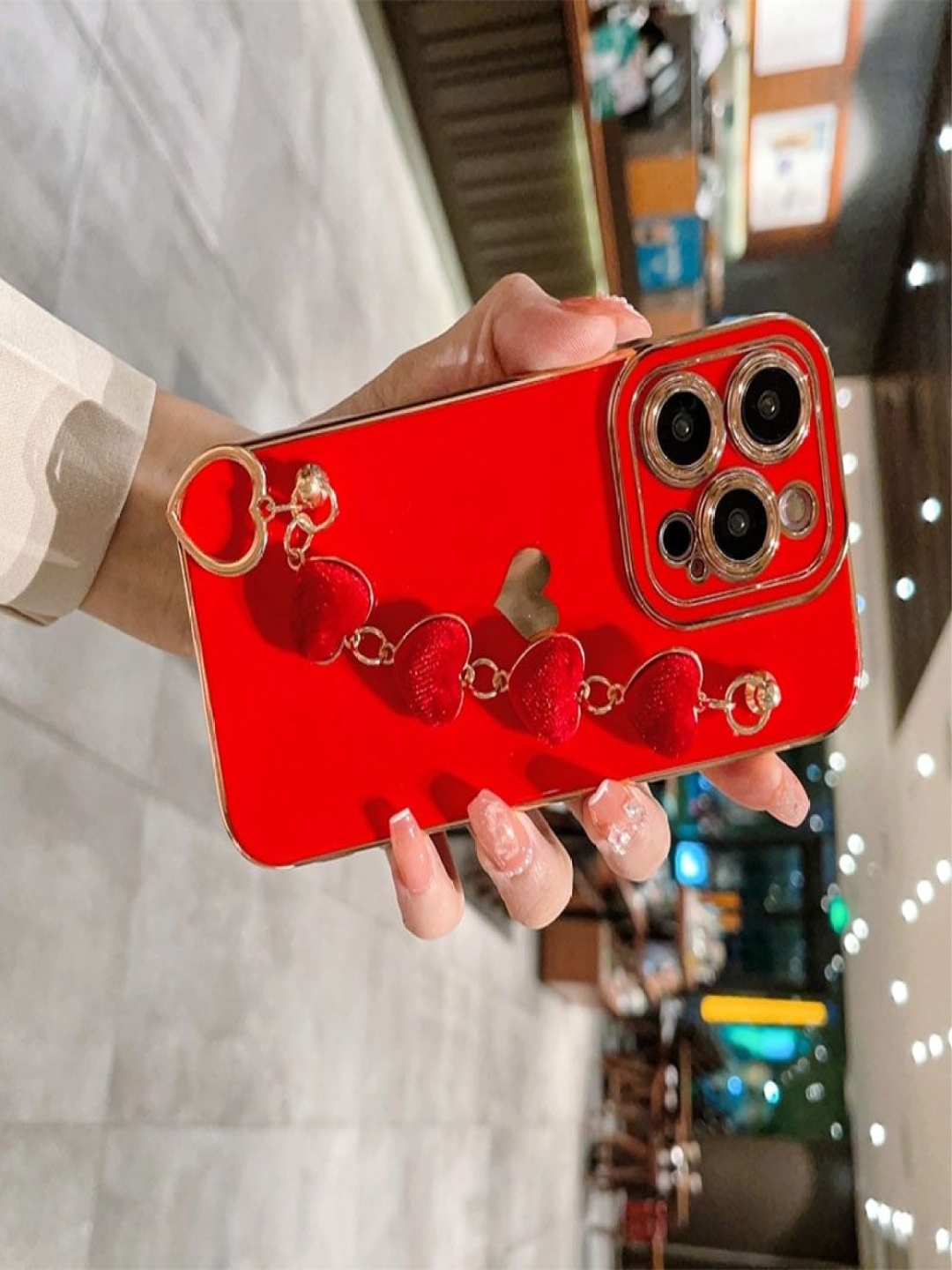 

Luxury Kase Solid iPhone 13 Pro Max Soft Heart Chain Bracelet Case Back Case, Red
