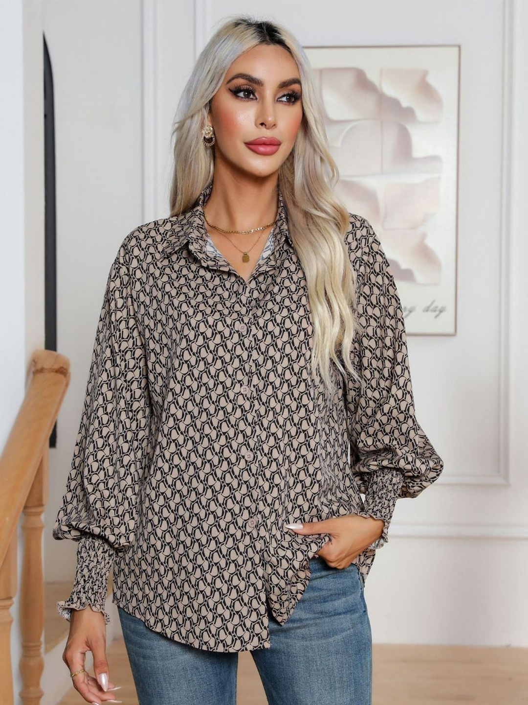 

Oh Rare Women Geometric Printed Casual Shirt, Khaki