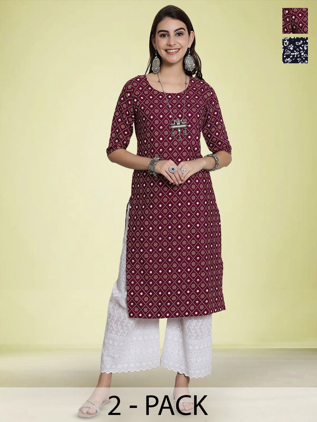 

Moda Rapido Selection Of 2 Floral Printed Round Neck Straight Kurtas, Maroon