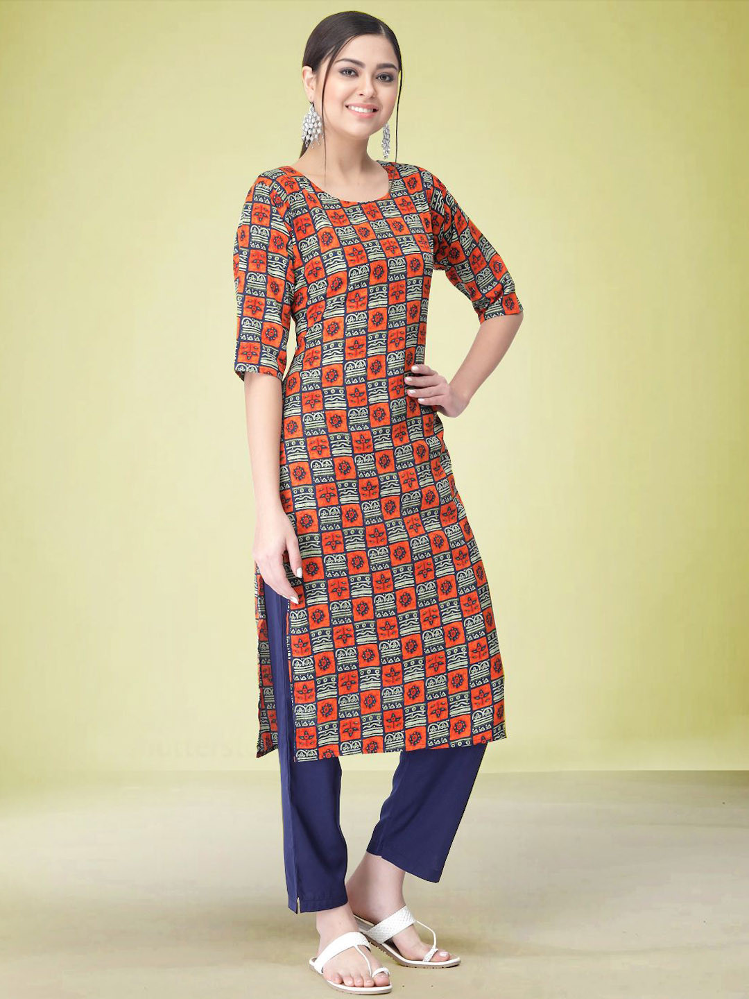 

Moda Rapido Floral Printed Round Neck Straight Kurta with Trouser, Orange