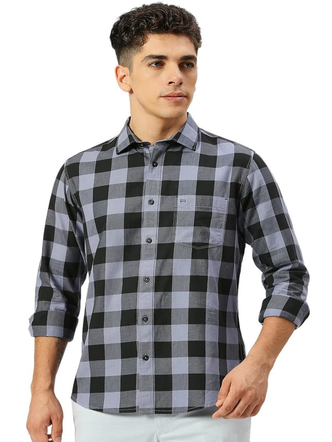 

Basics Men Slim Fit Spread Collar Buffalo Checked Cotton Casual Shirt, Grey