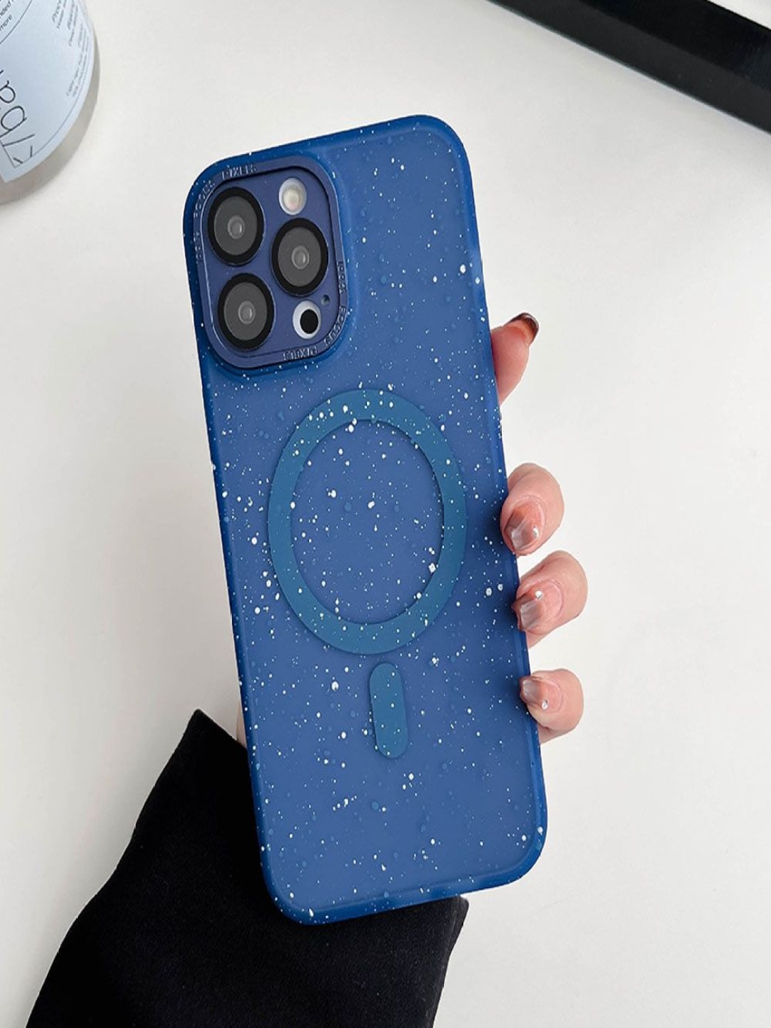 

Luxury Kase Abstract Printed iPhone 14 Pro Anti-Splash Ink Dot Painting Back Case, Blue