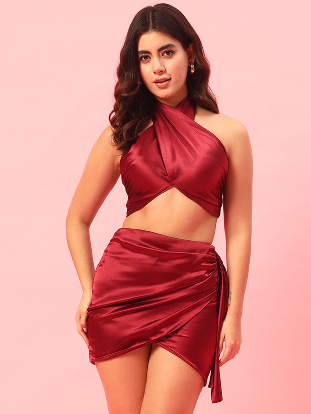 

BAESD Halter Neck Crop Top With Skirt, Maroon