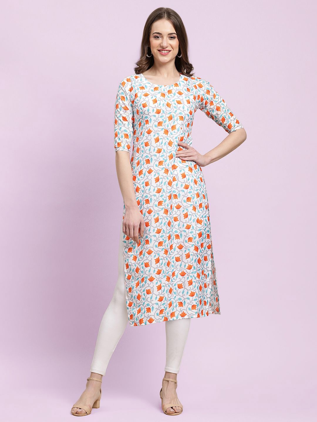 

Moda Rapido Floral Printed Round Neck Straight Kurta, White