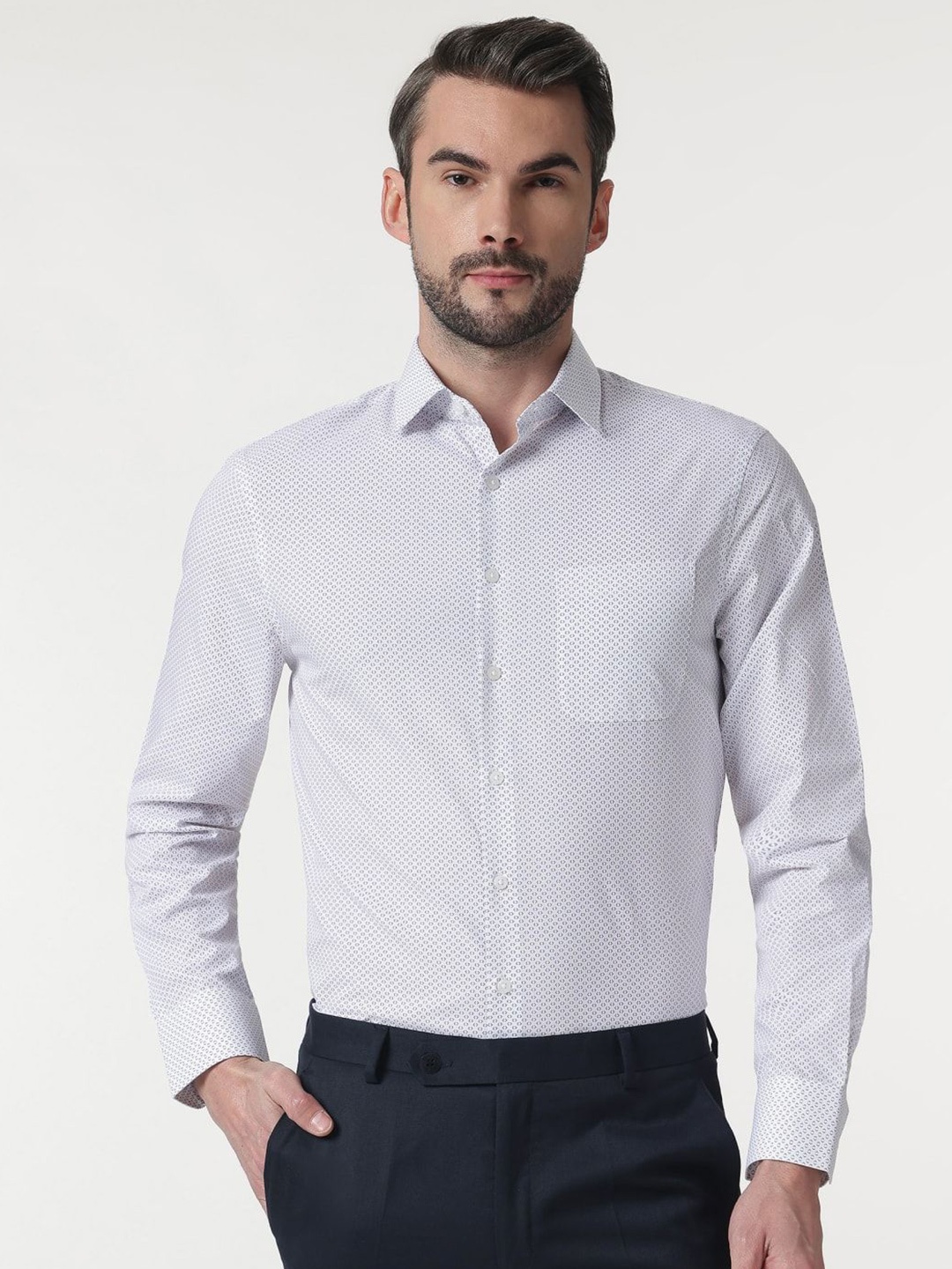 

Marks & Spencer Men Spread Collar Geometric Printed Cotton Formal Shirt, Off white