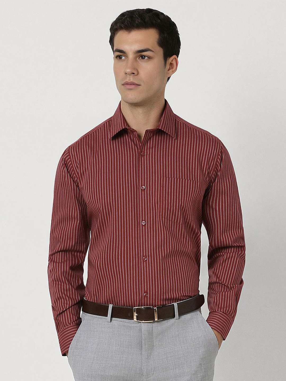 

Van Heusen Men Opaque Striped Formal Shirt, Maroon