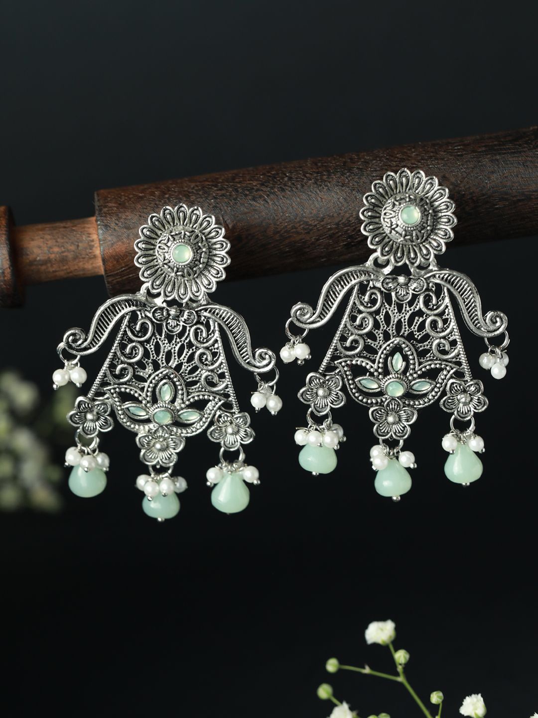 

Priyaasi Silver Plated Pearls Contemporary Oxidised Drop Earrings