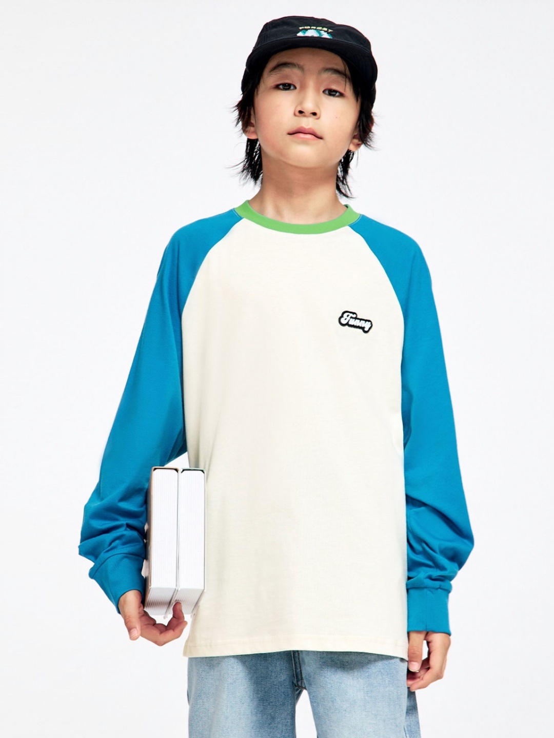 

LULU & SKY Girls Colourblocked Drop-Shoulder Sleeves Applique T-shirt, Blue