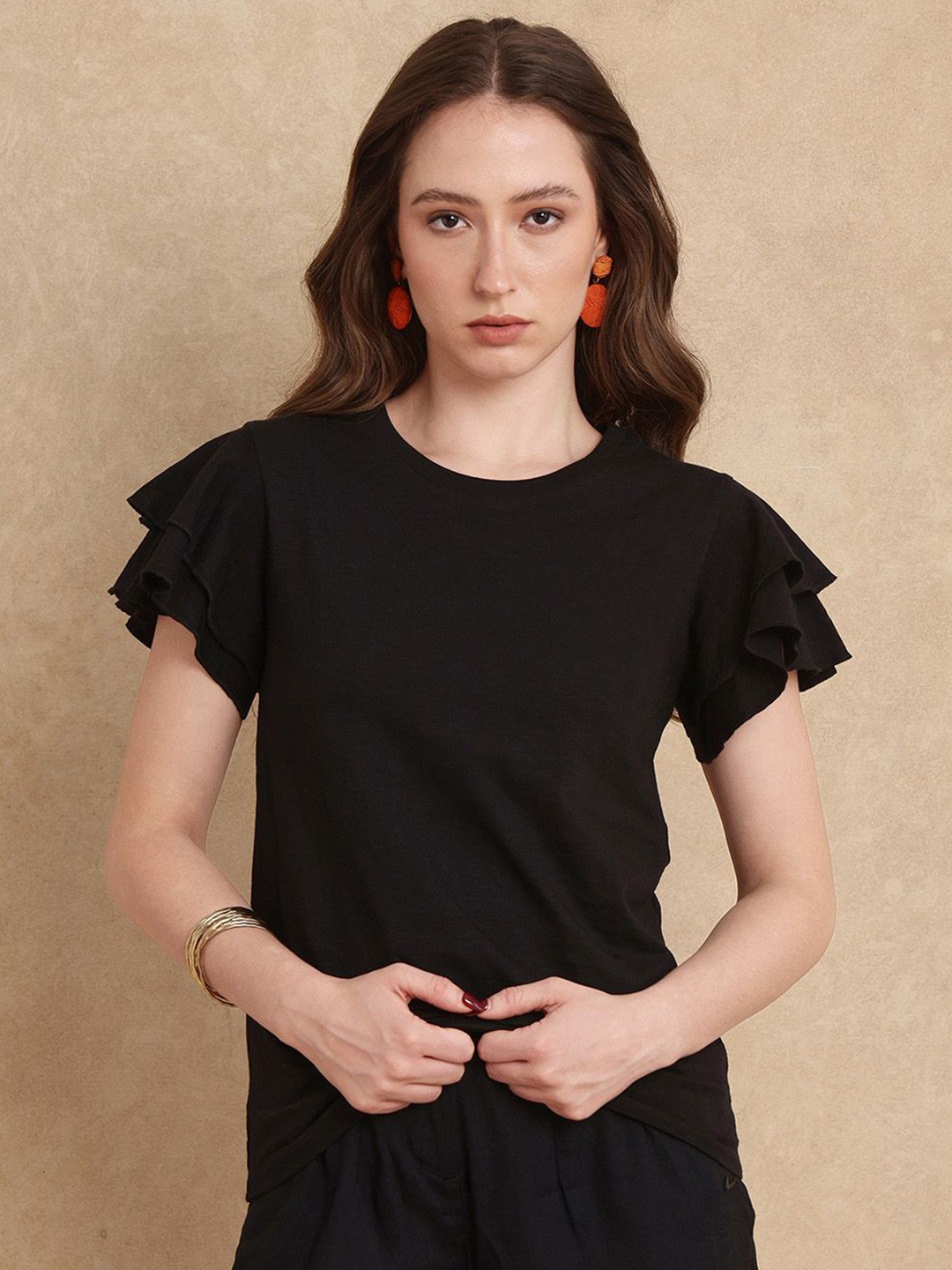 

RAREISM Women JANRUF PRIMARY Solid Flared Sleeves Casual Top, Black