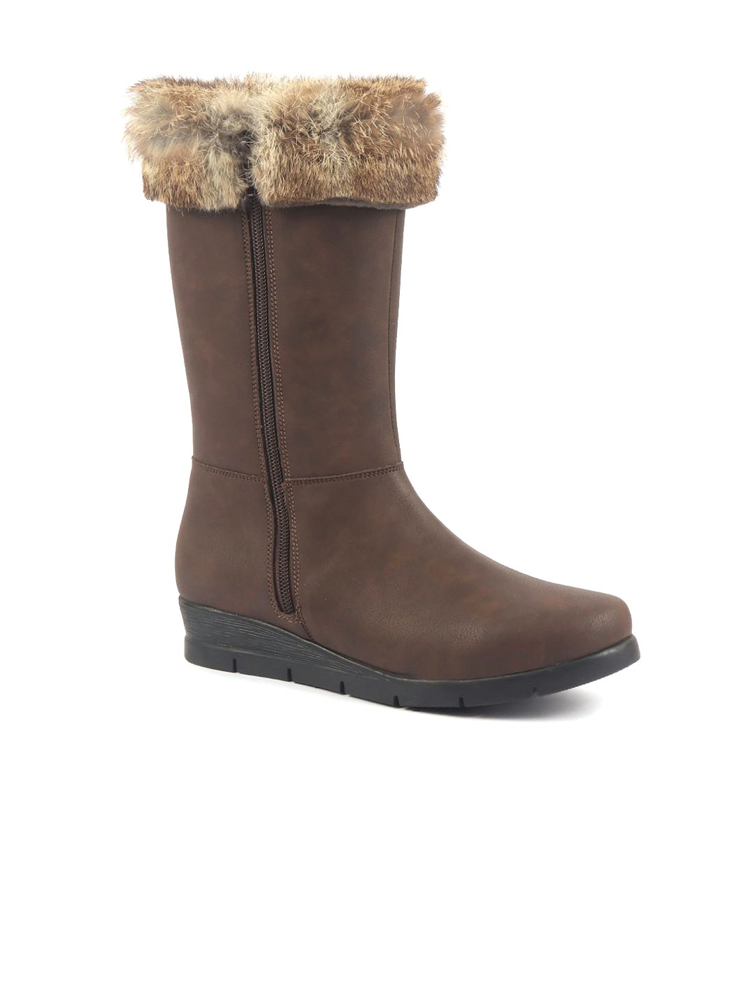 

FAUSTO Women High Ankle Side Zipper Winter Classic Fur Wedge Heel Mid Calf Work Boot, Brown