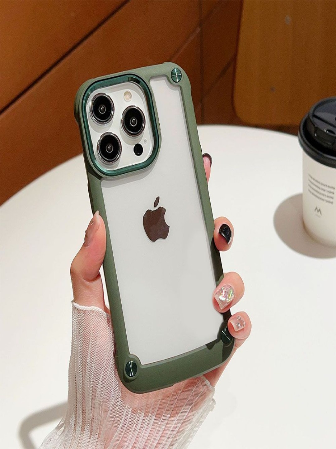 

Luxury Kase Clear Armor Shockproof Acrylic Metal Button Hard iPhone 12 Pro Back Case, Green