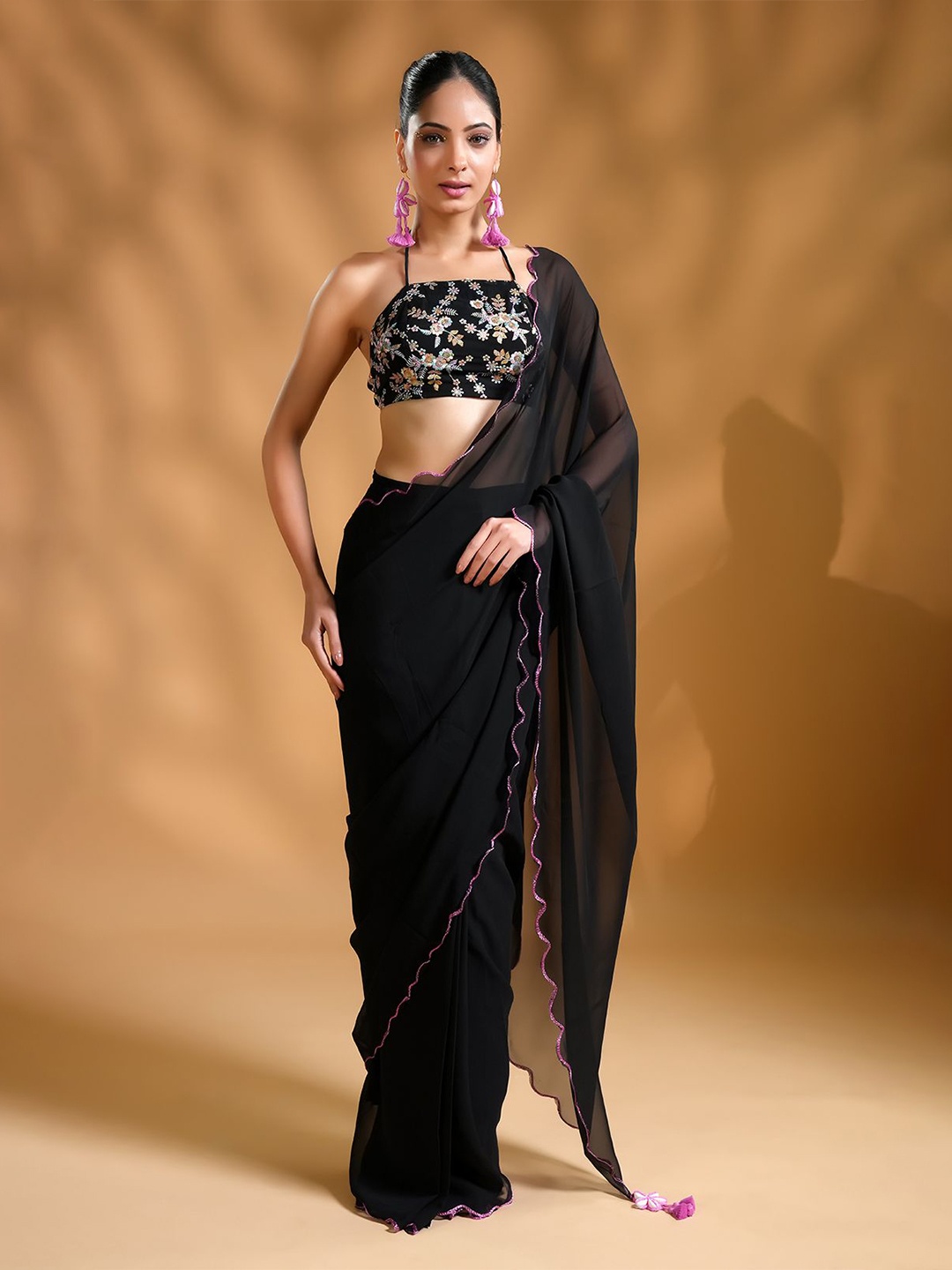 

HANDME Ready To Wear Tassels Detailed Saree, Black