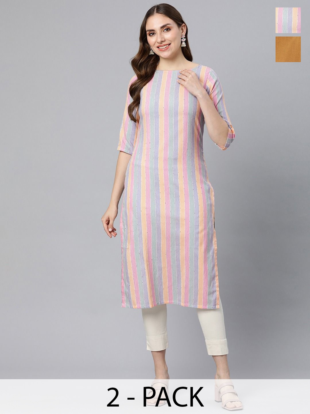 

KALINI Selection Of 2 Striped Round Neck Straight Kurtas, Pink