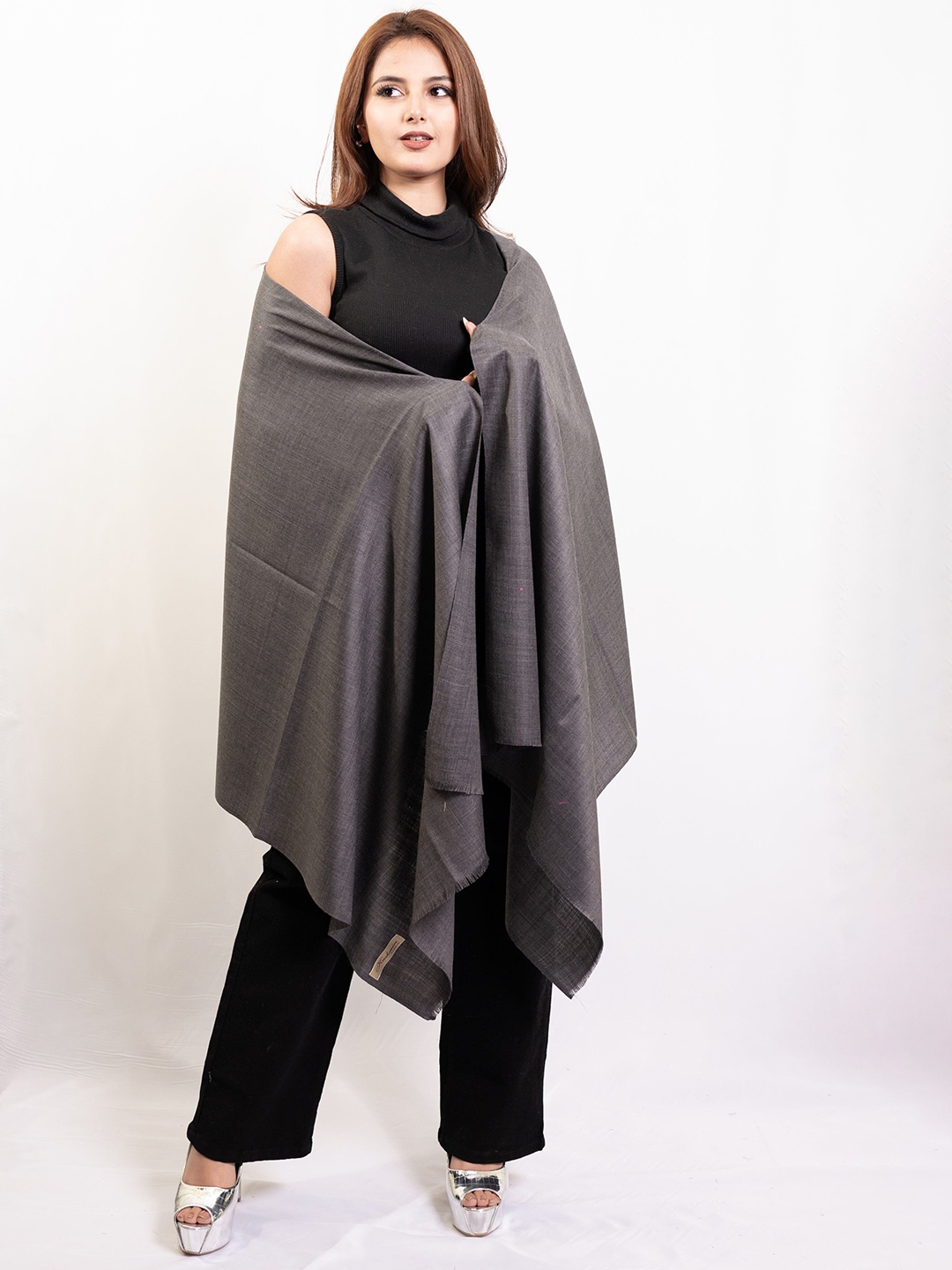 

PASHGIRI Women Woven Design Pure Woollen Shawl, Charcoal