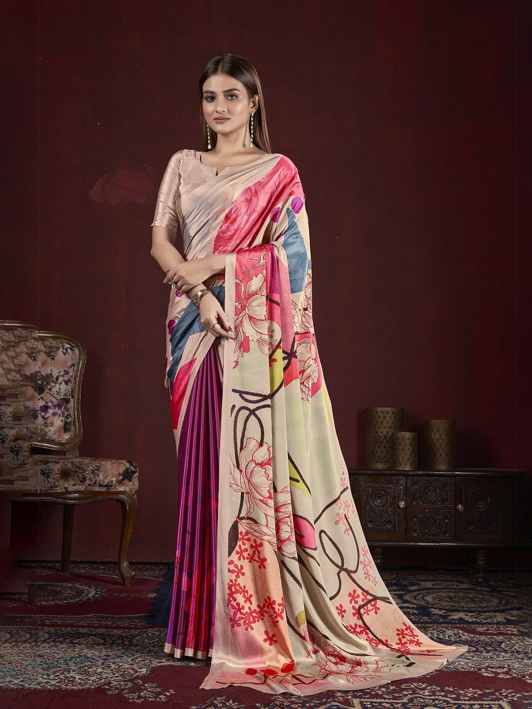 

Krimmple Floral Printed Mysore Silk Saree, Pink