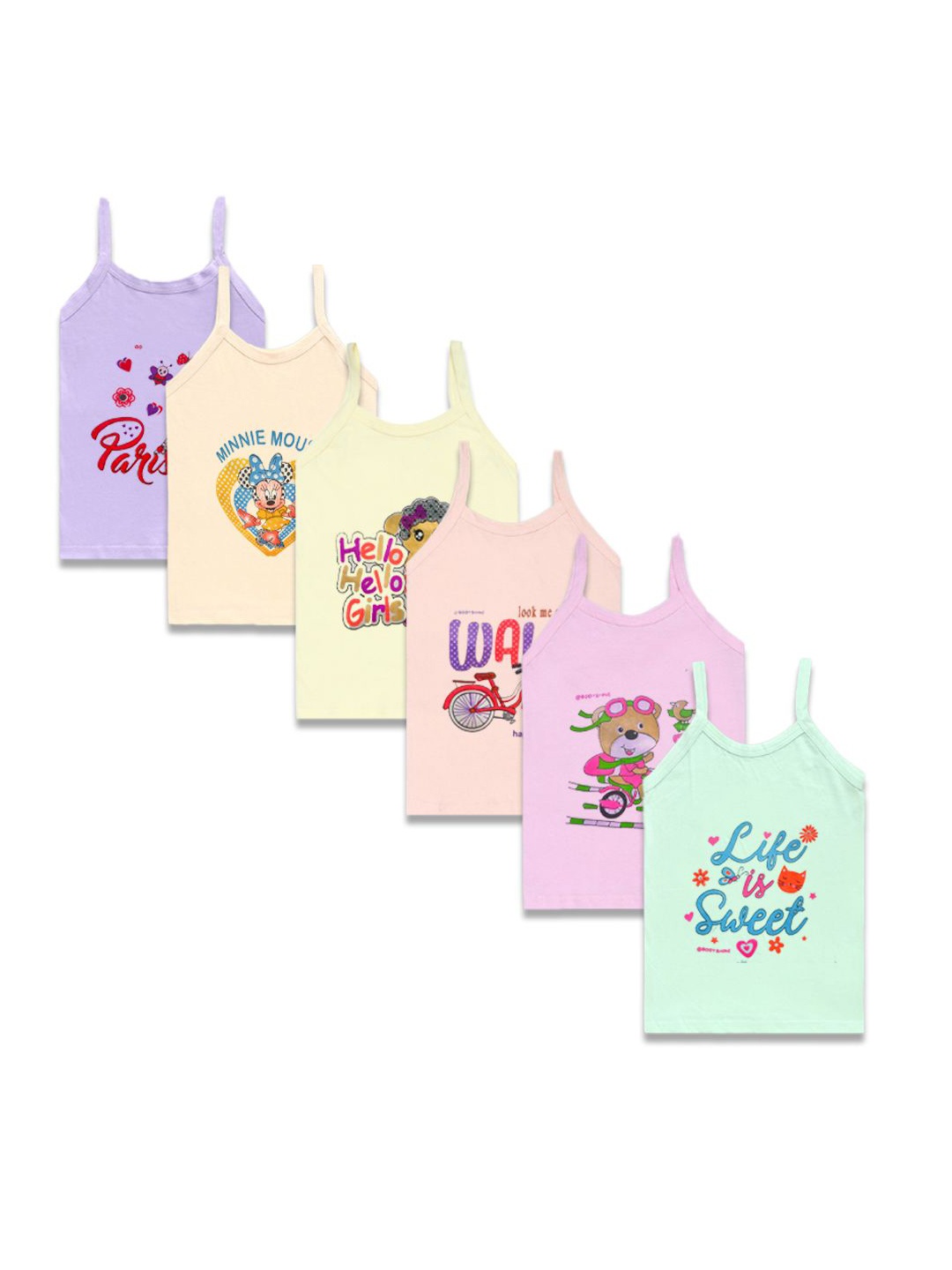

Mega style Girls Pack Of 6 Printed Pure Cotton Tank Top, Yellow