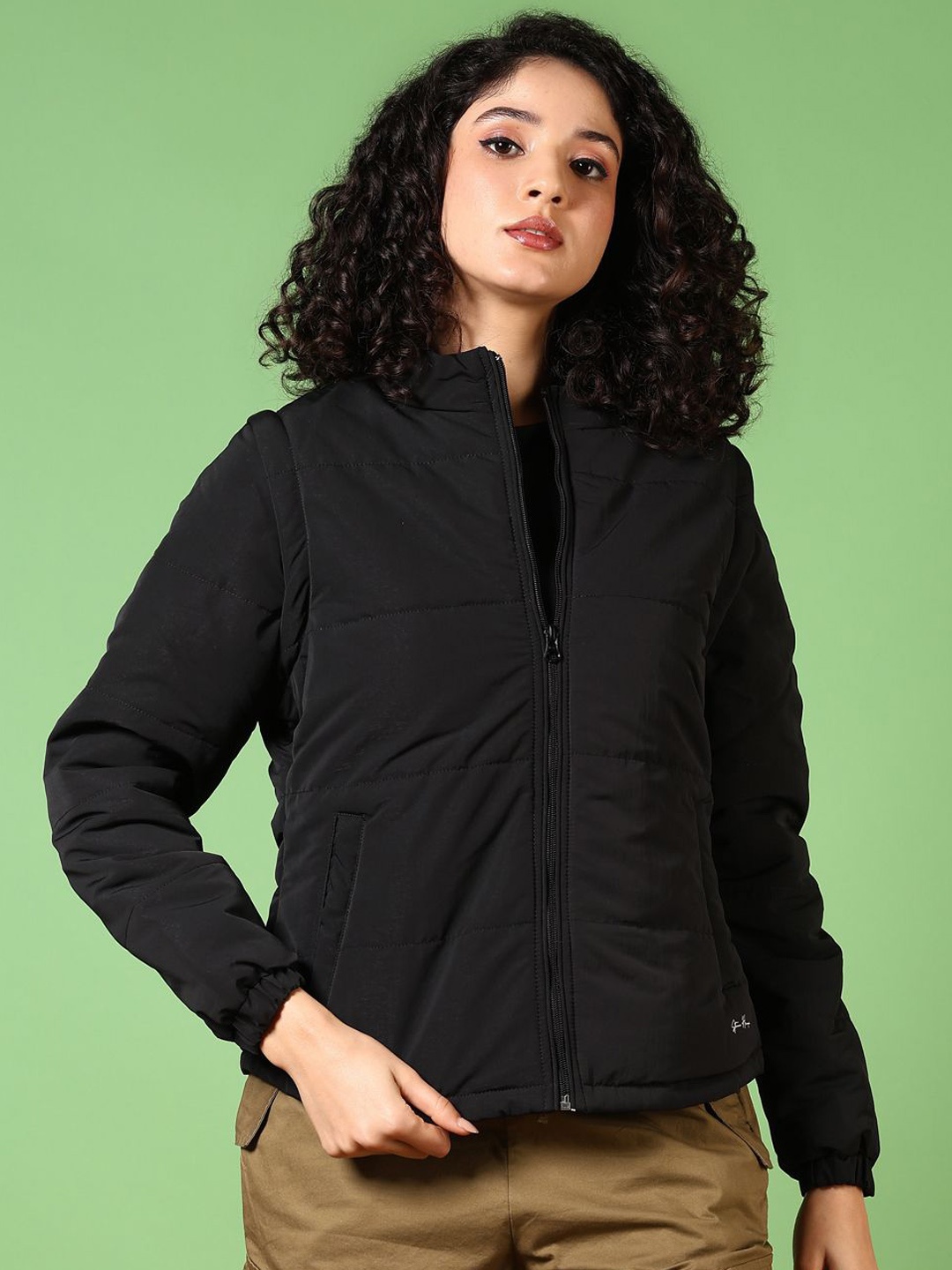 

V-Mart Women Mock Collar Solid Cotton Casual Quilted Jacket, Black