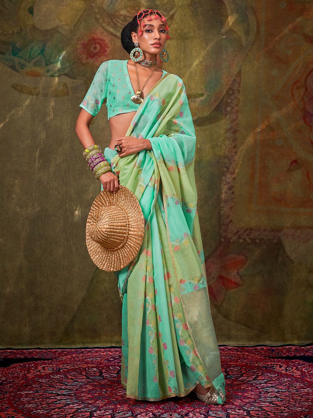 

Mitera Woven Design Zari Jamdani Saree, Turquoise blue