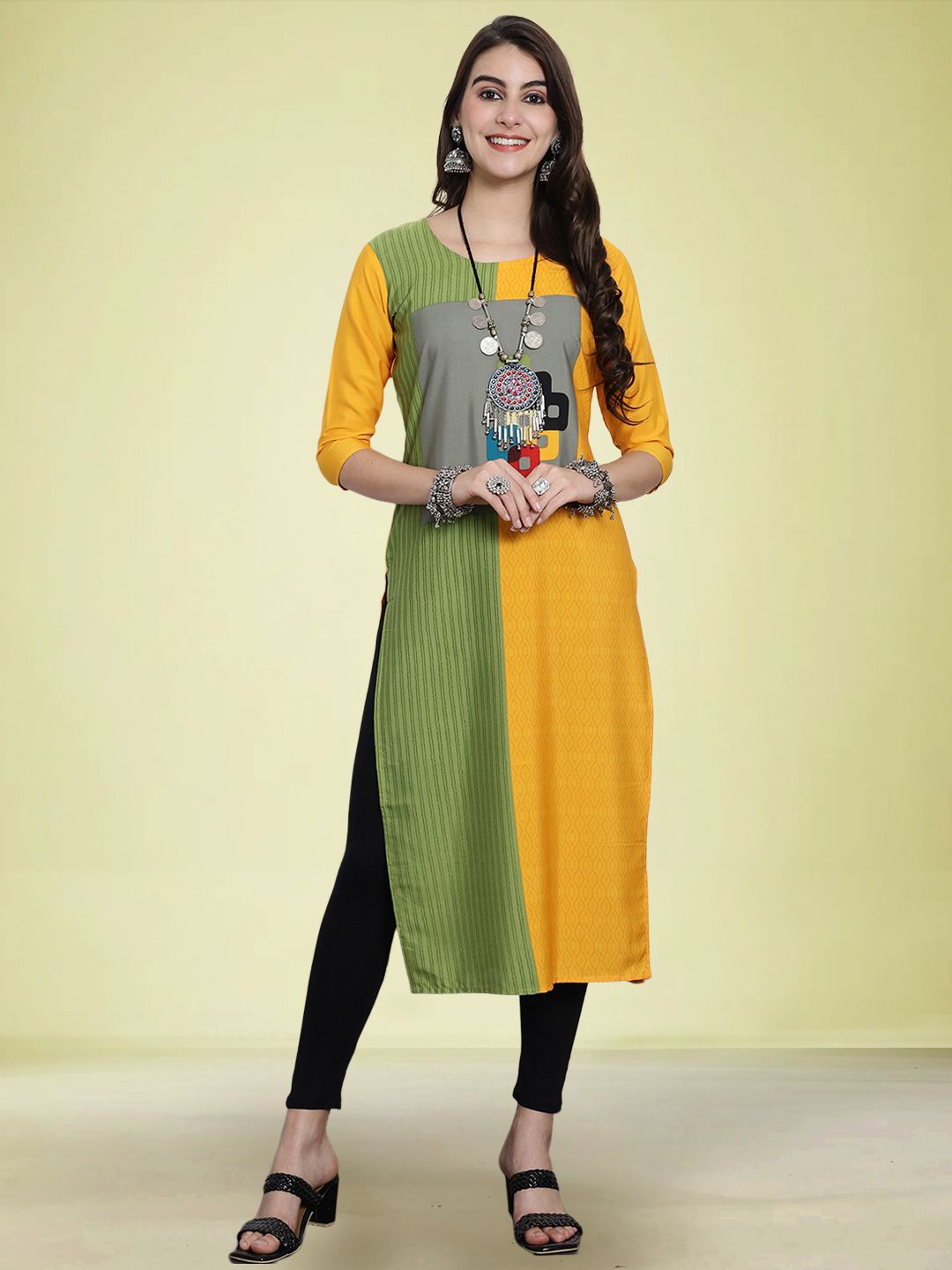 

Moda Rapido Geometric Printed Round Neck Straight Kurta, Yellow