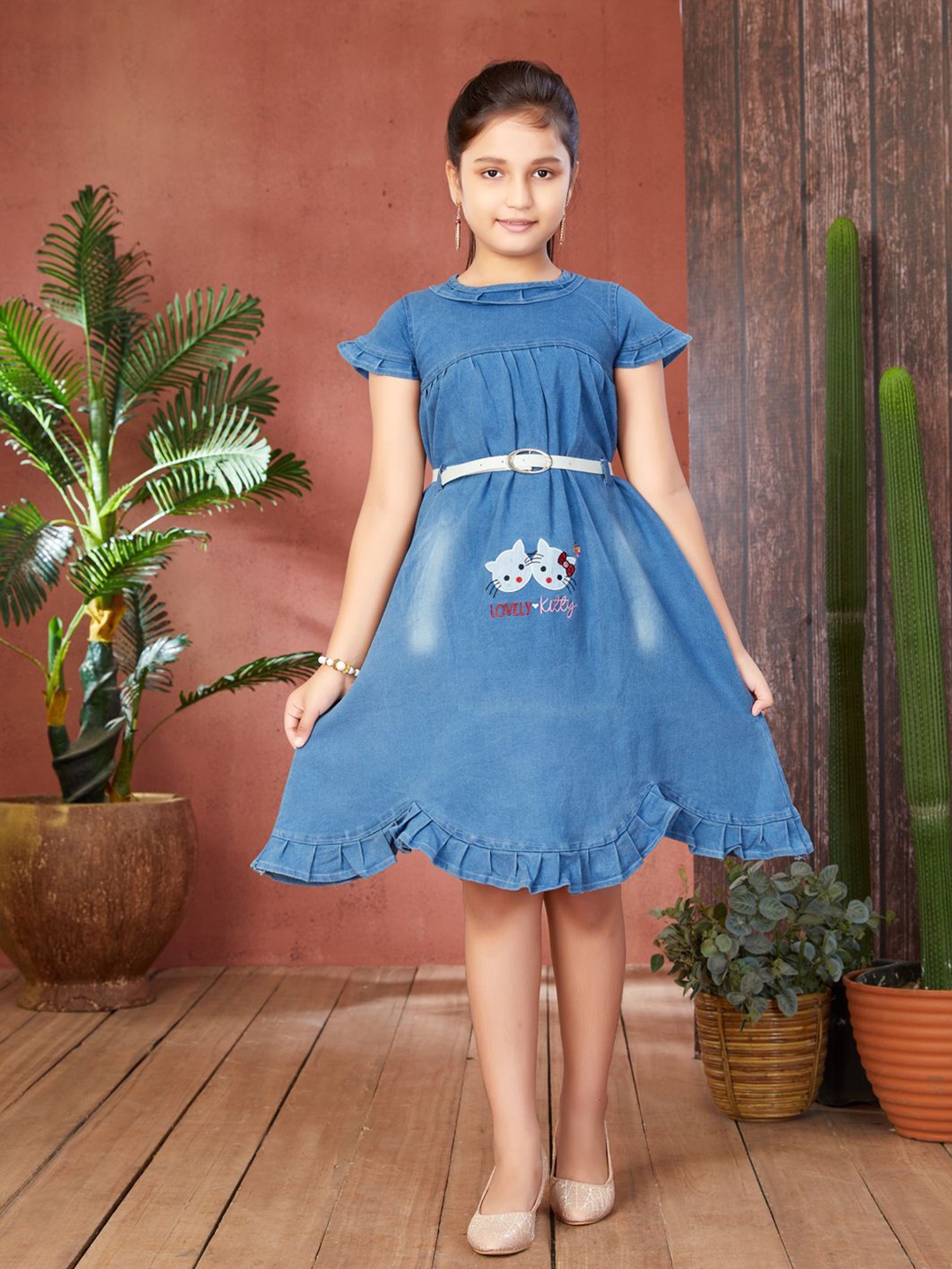 

YK Girls Cotton Graphic Printed Denim A-Line Dress Comes with a belt, Blue