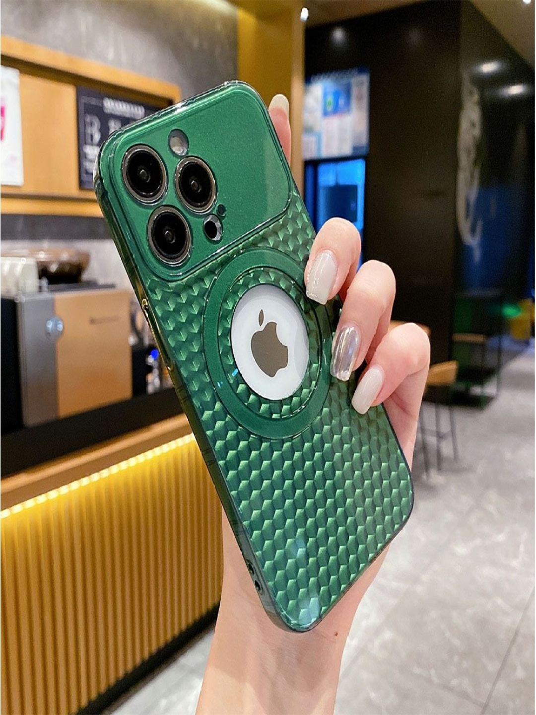

Luxury Kase LK088 Geometric Printed iPhone 15 Pro Max Hollow Out Mag-Safe Back Case, Green