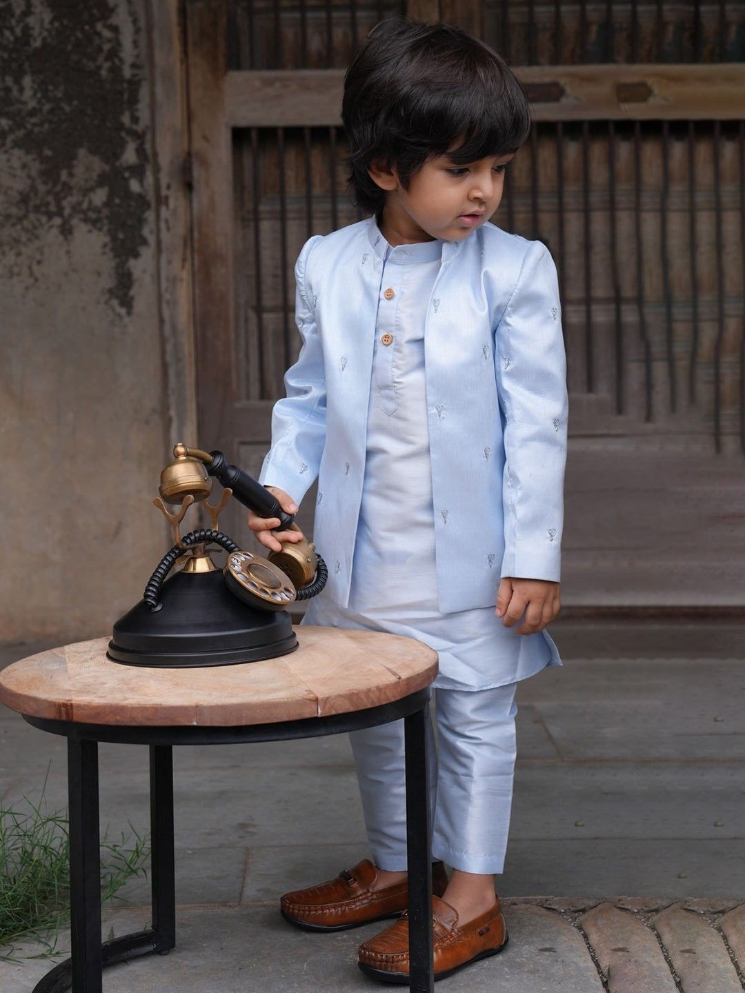 

Funny Bones Clothings Boys Pure Silk Straight Kurta With Trouser & Jodhpuri Blazer, Blue