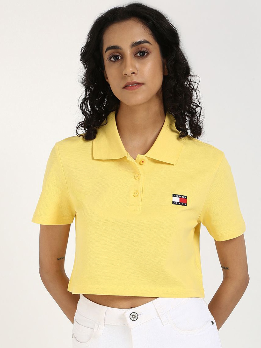 

Tommy Hilfiger Women Solid Polo Collar Cotton Boxy T-shirt, Yellow