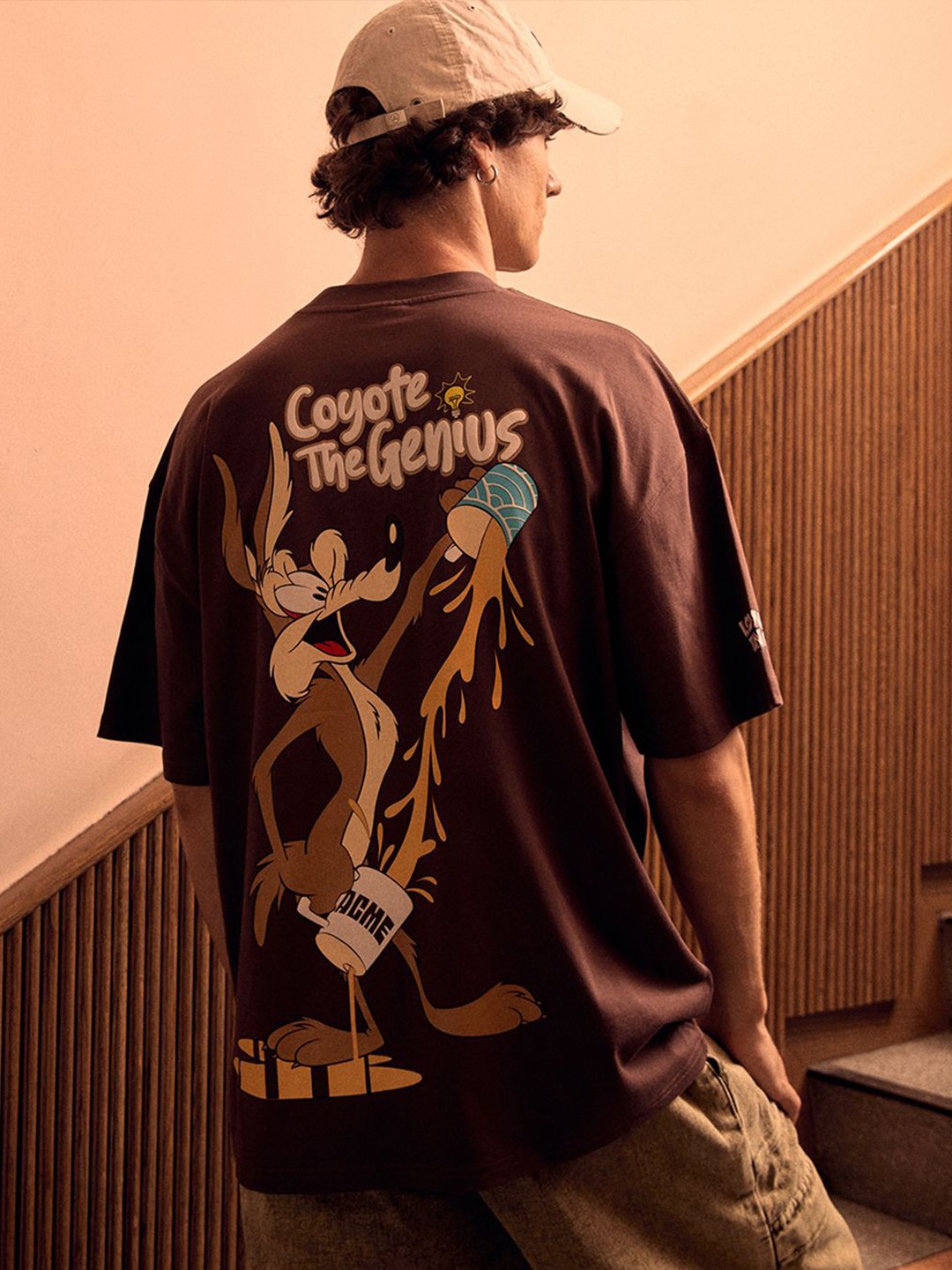 

Bonkers Corner Men Looney Tunes Graphic Printed Round Neck Cotton Oversized T-shirt, Brown
