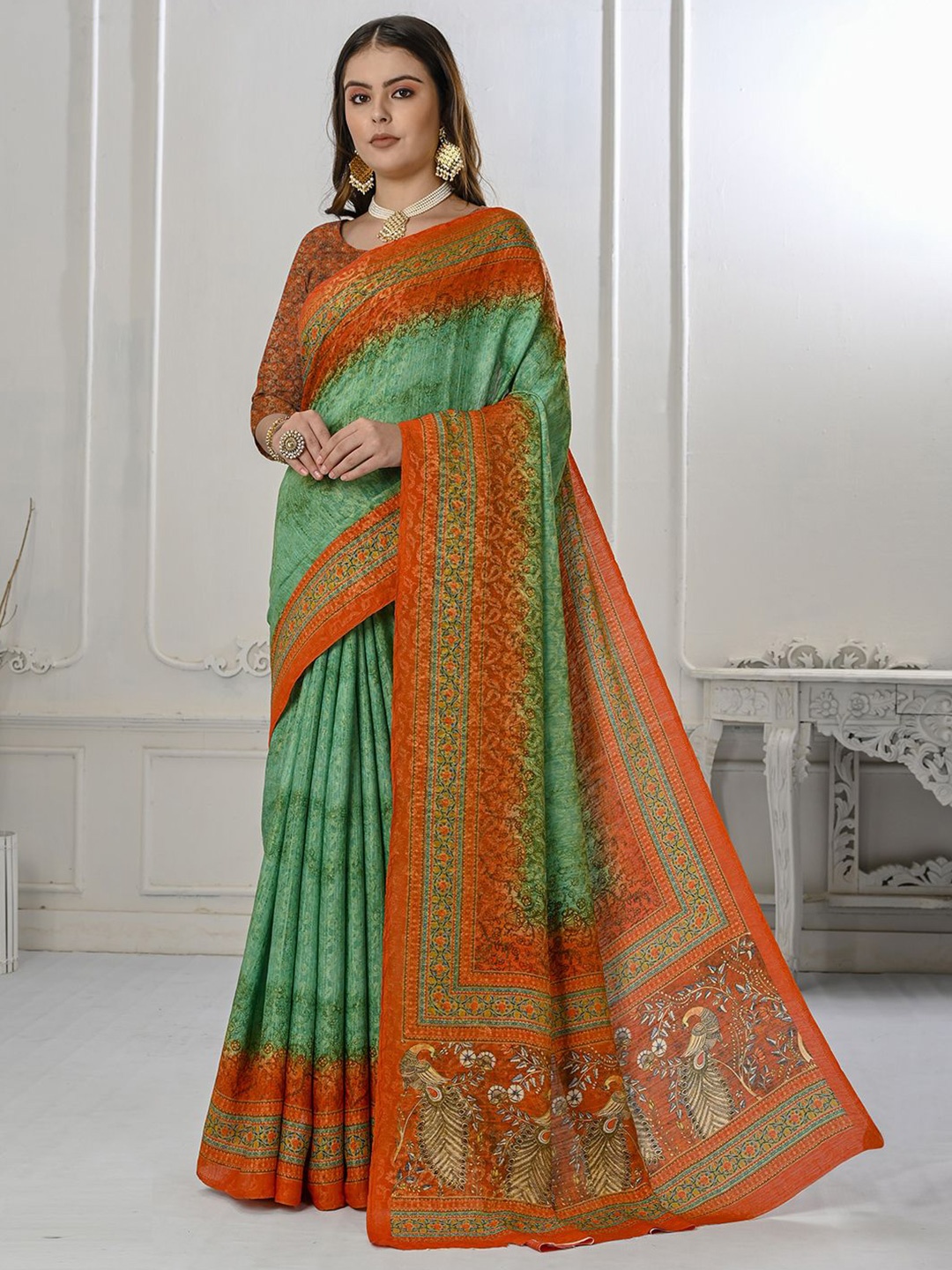 

Krimmple Ethnic Motifs Pure Silk Saree, Green