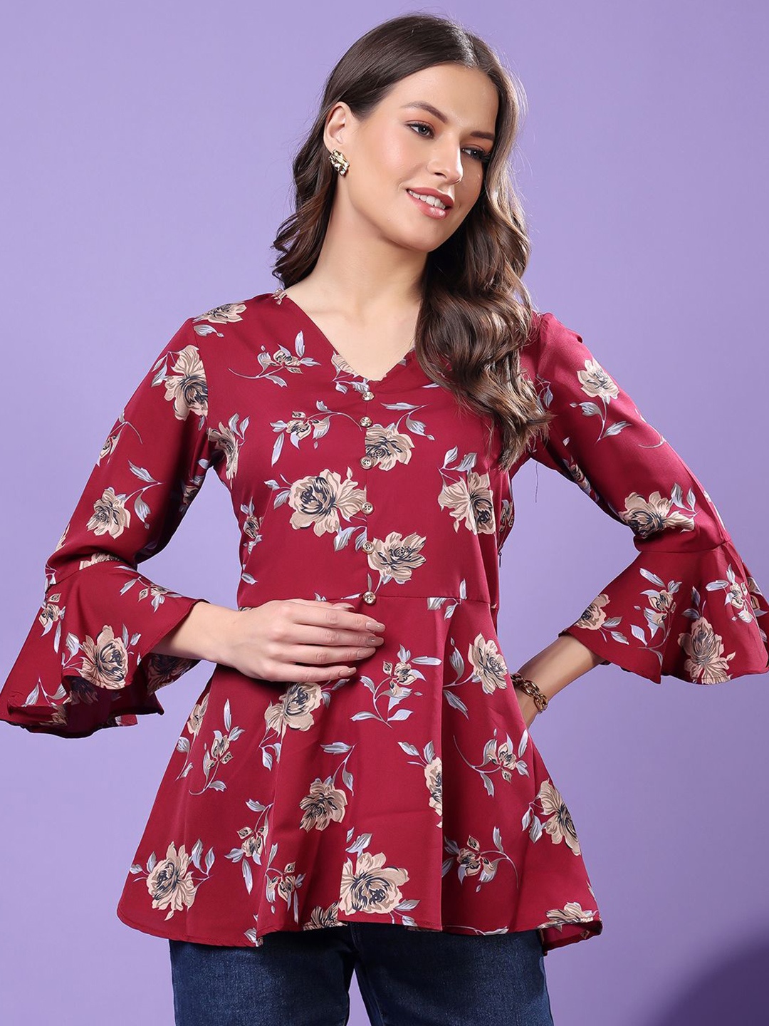 

Cation Floral Print Bell Sleeve Crepe Tube Top, Maroon