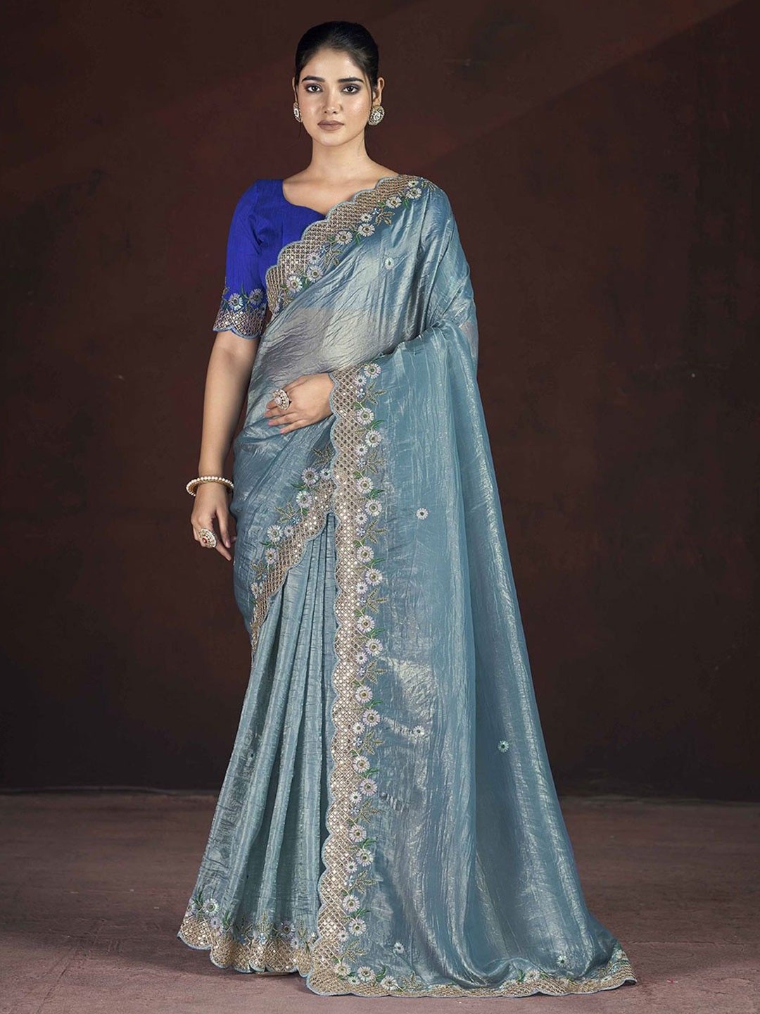 

Munir Embroidered Floral Sequinned Saree, Blue
