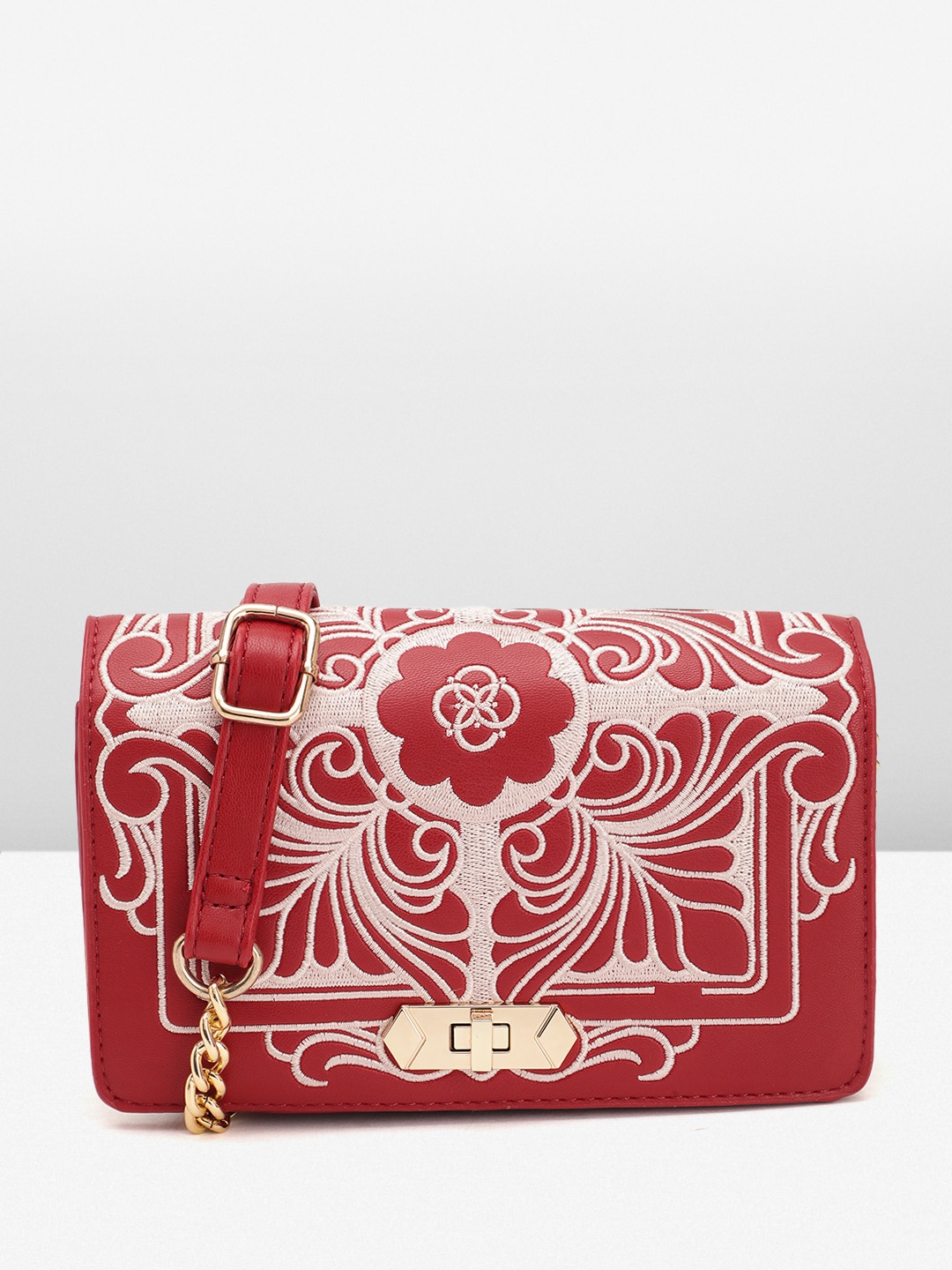 

Caprese Embroidered Structured Sling Bag, Red