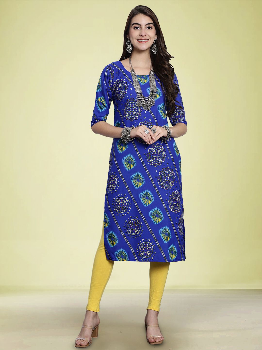 

Moda Rapido Bandhani Printed Round Neck Straight Kurta, Blue