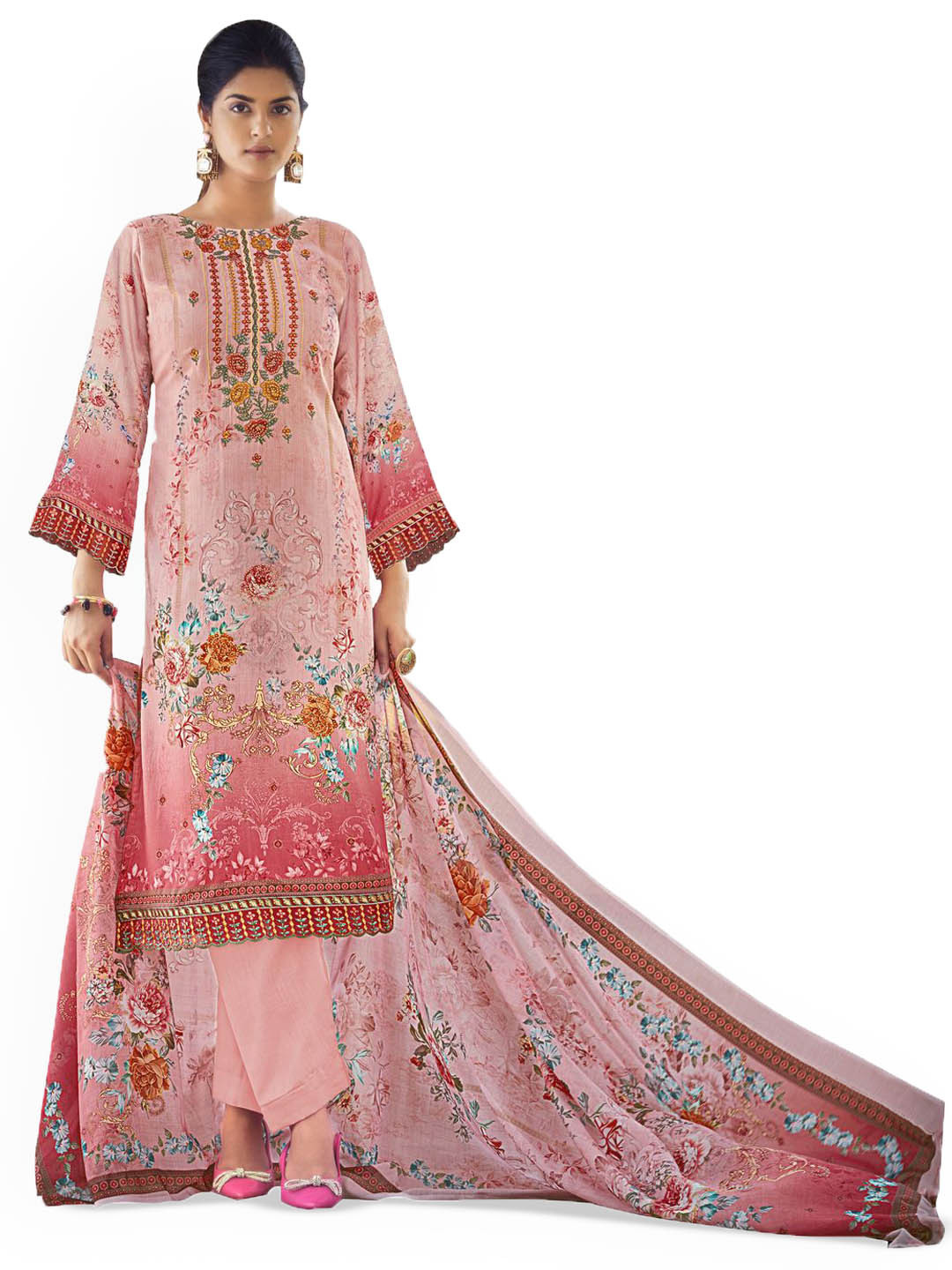 

DRAVINAM Trends Embroidered Pure Cotton Unstitched Dress Material, Peach