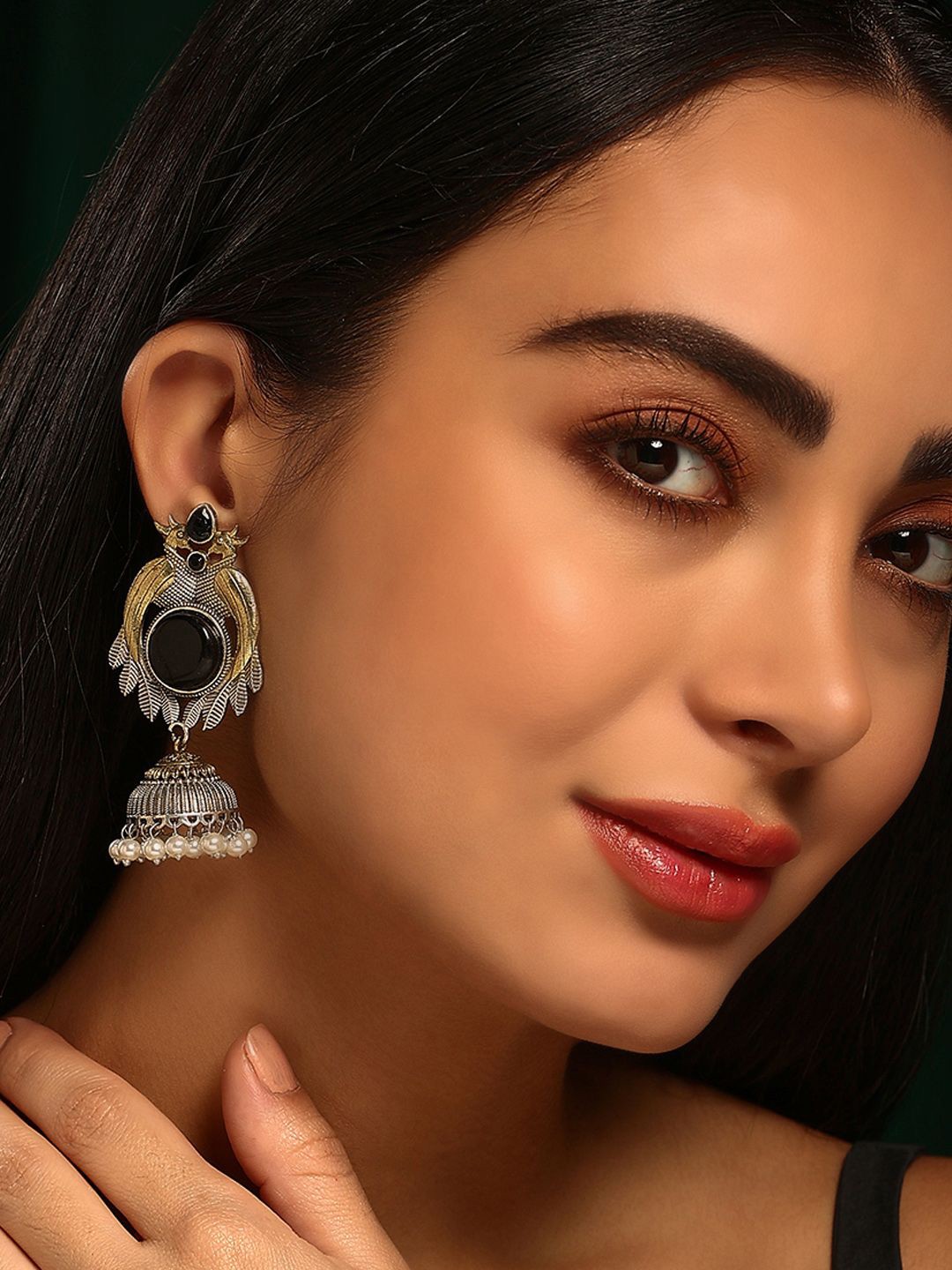 

Priyaasi Gold-Plated Stone Studded & Beaded Dome Shaped Oxidised Jhumkas Earrings