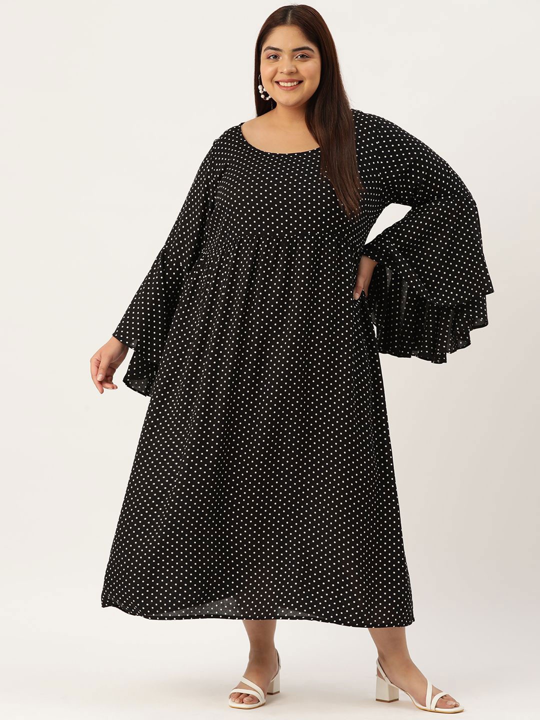 

theRebelinme Women Polka Dot Printed Bell Sleeve Fit and Flare Dress Plus Size, Black